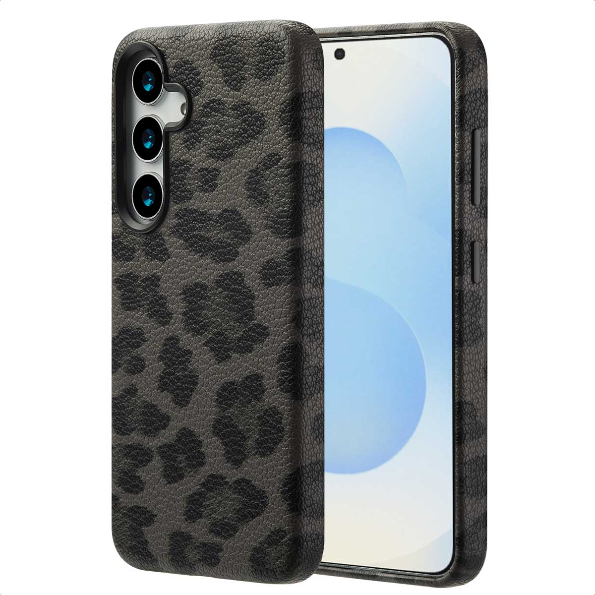 Un étui de téléphone noir à imprimé léopard présenté sur un téléphone, affichant les objectifs de l'appareil photo et un écran élégant.
