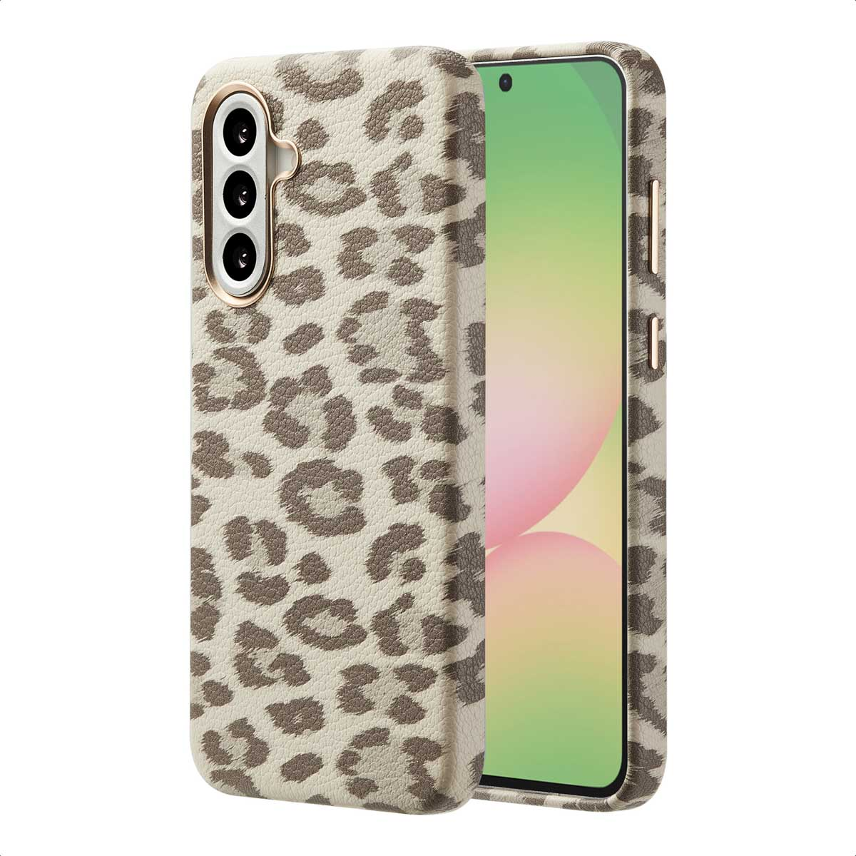 Telefoon in een beige luipaardprint hoesje. Lichte achtergrond. Gouden ring rond de camera.