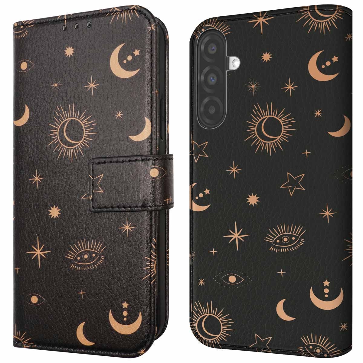Zwart telefoonhoesje met gouden manen, sterren en ogen, open en dicht. Donkere achtergrond.