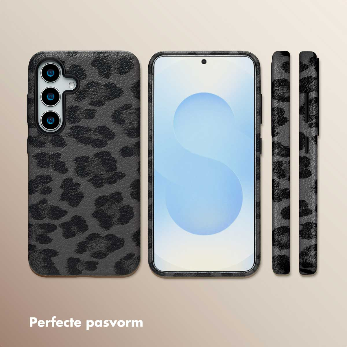 Coque de téléphone à imprimé léopard noir et téléphone sur fond clair.