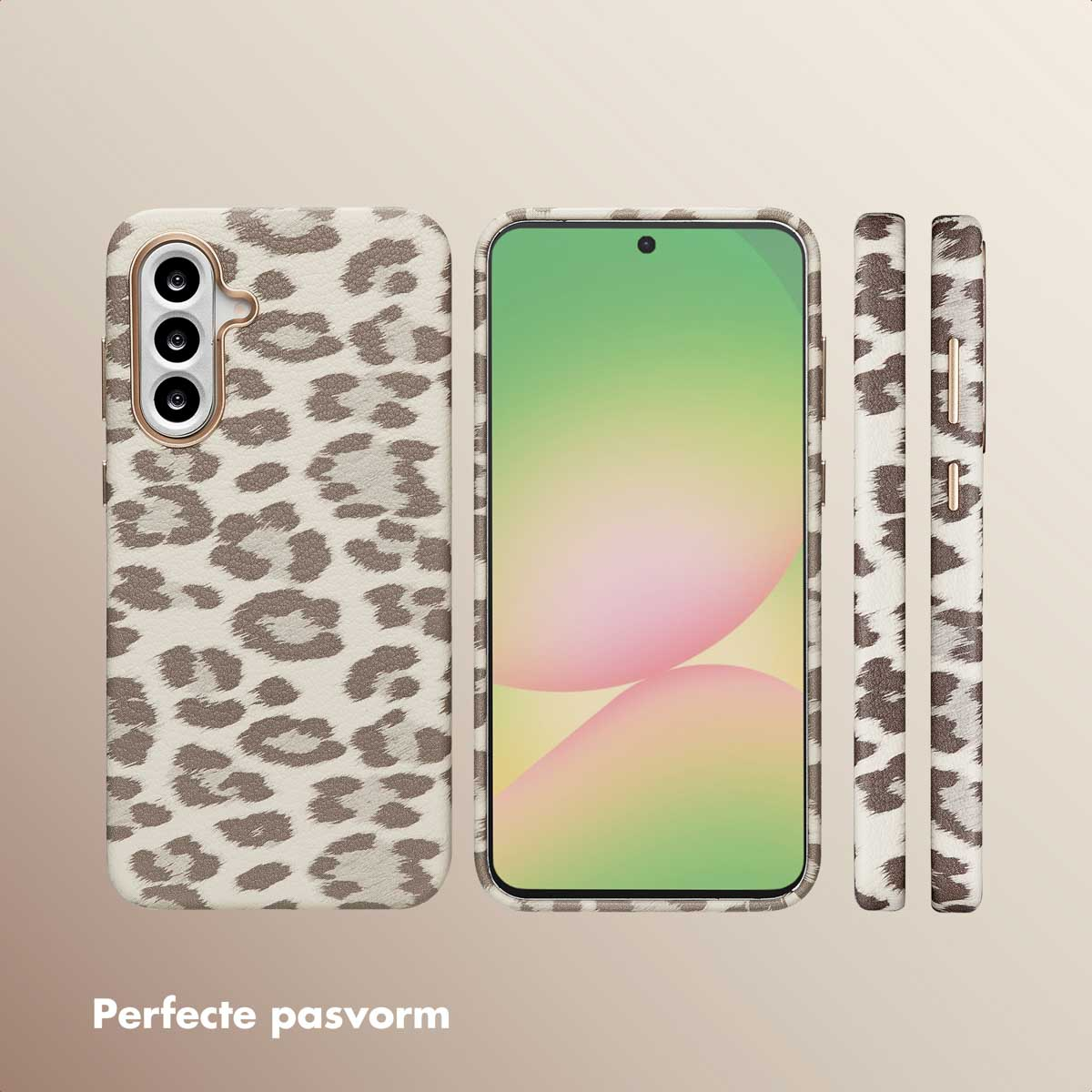 Telefoonhoesje en telefoon met luipaardprint, witte achtergrond, perfecte pasvorm.