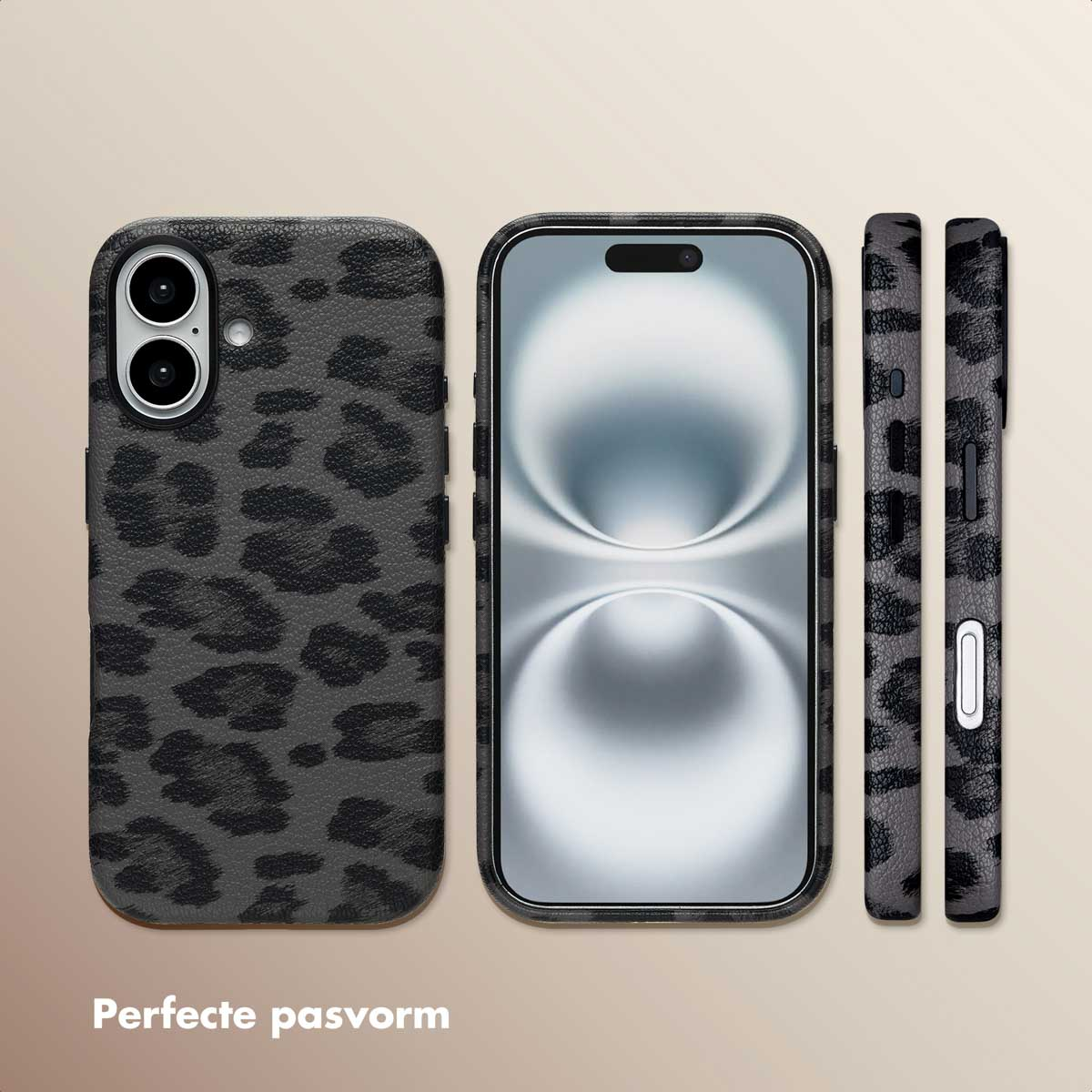 Een telefoon met een luipaardprint hoesje, vanuit verschillende hoeken getoond. De hoes is zwart met donkere vlekken.