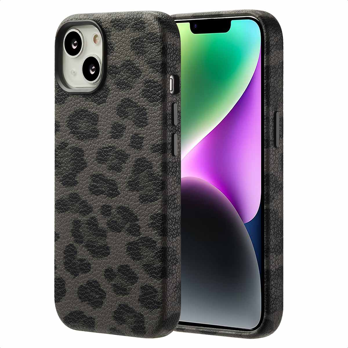 Een telefoon met een luipaardprint hoesje wordt getoond. De hoes is donkergrijs en de telefoon is gedeeltelijk zichtbaar.