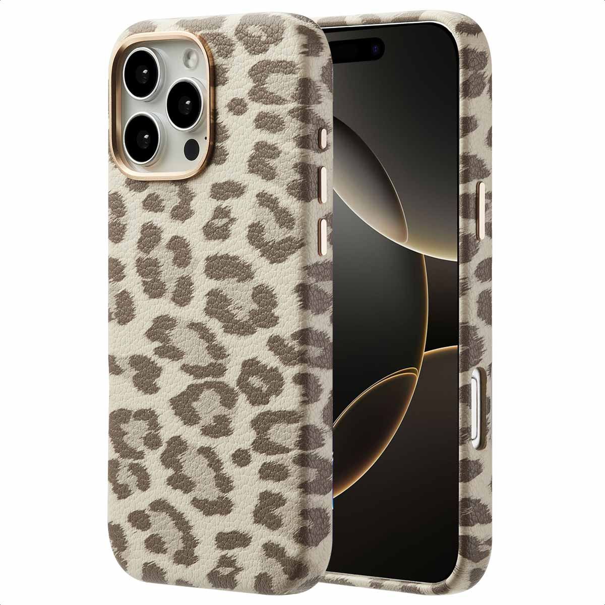 Een telefoon met een lichtbeige luipaardprint hoesje. De hoes heeft een gouden cameraring.