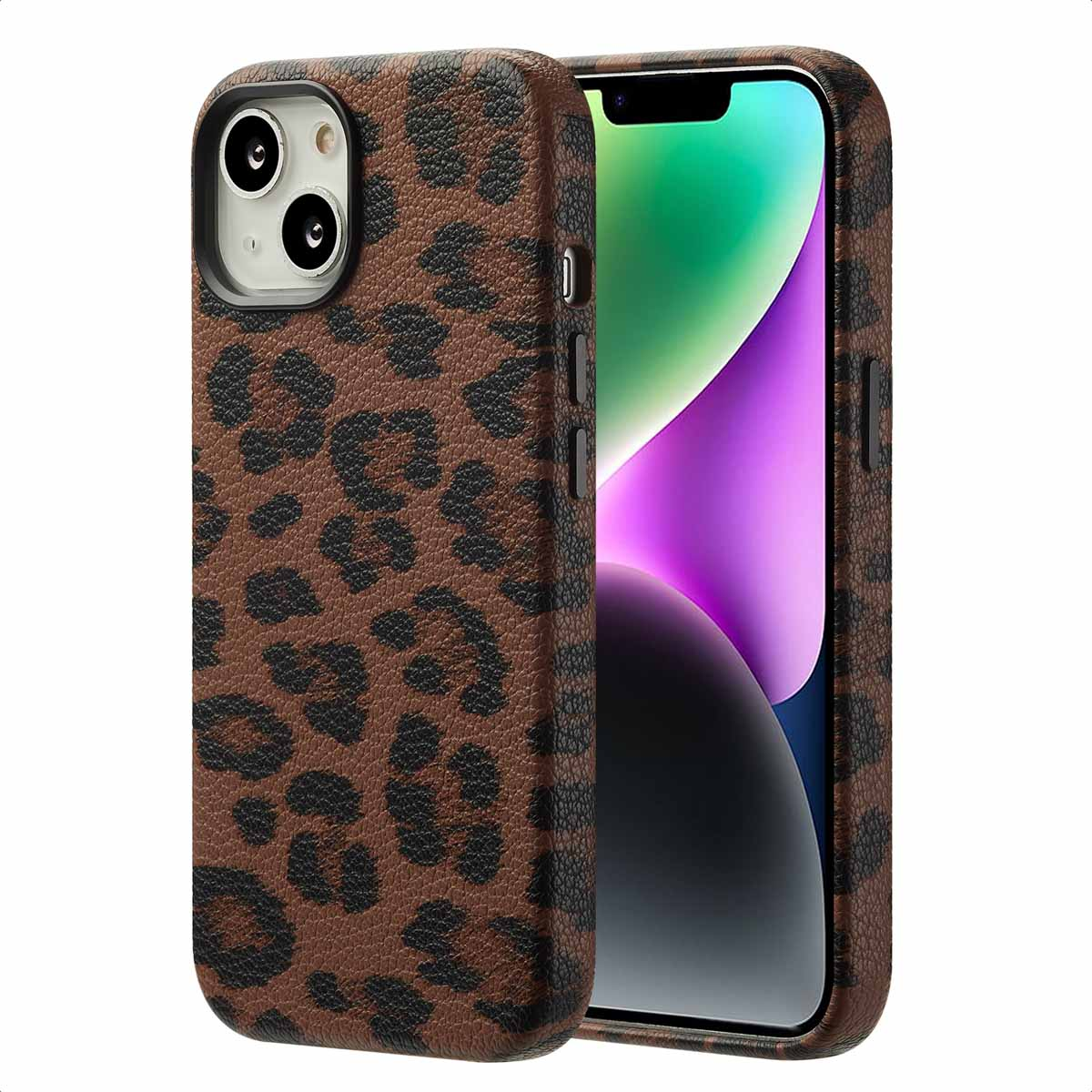 Smartphone met een bruin luipaardprint hoesje. De hoes bedekt de telefoon. De achtergrond is lichtbruin.