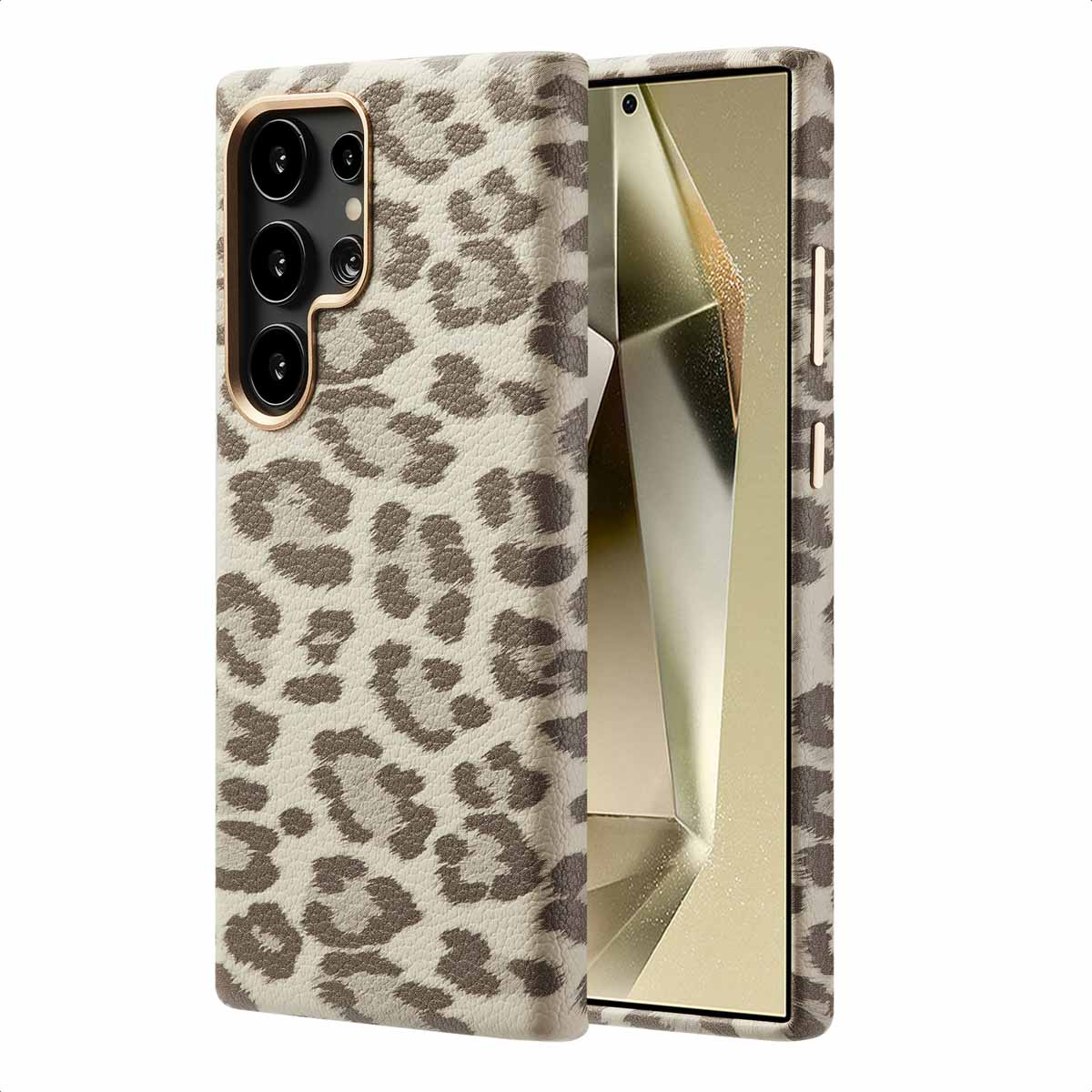 Drie weergaven van telefoonhoesje met luipaardprint op wit oppervlak. Het scherm toont een gouden achtergrond.