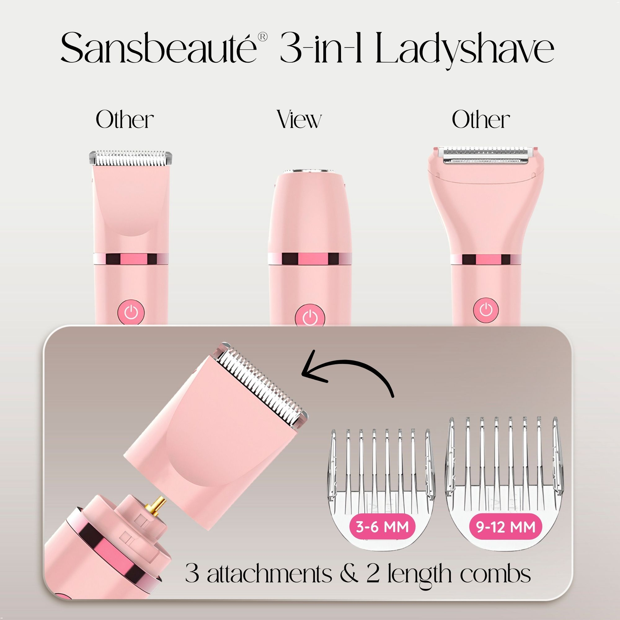 Das Bild zeigt einen rosa Sansbeaute Ladyshave mit drei Aufsätzen und zwei Längenkämmen.