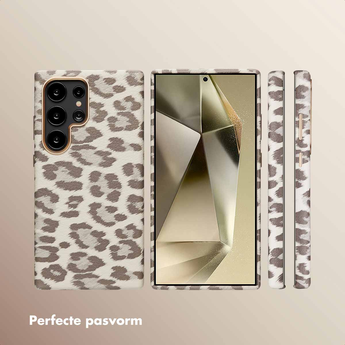 De afbeelding toont een telefoonhoesje met luipaardprint met een telefoon erin op een bruine achtergrond.