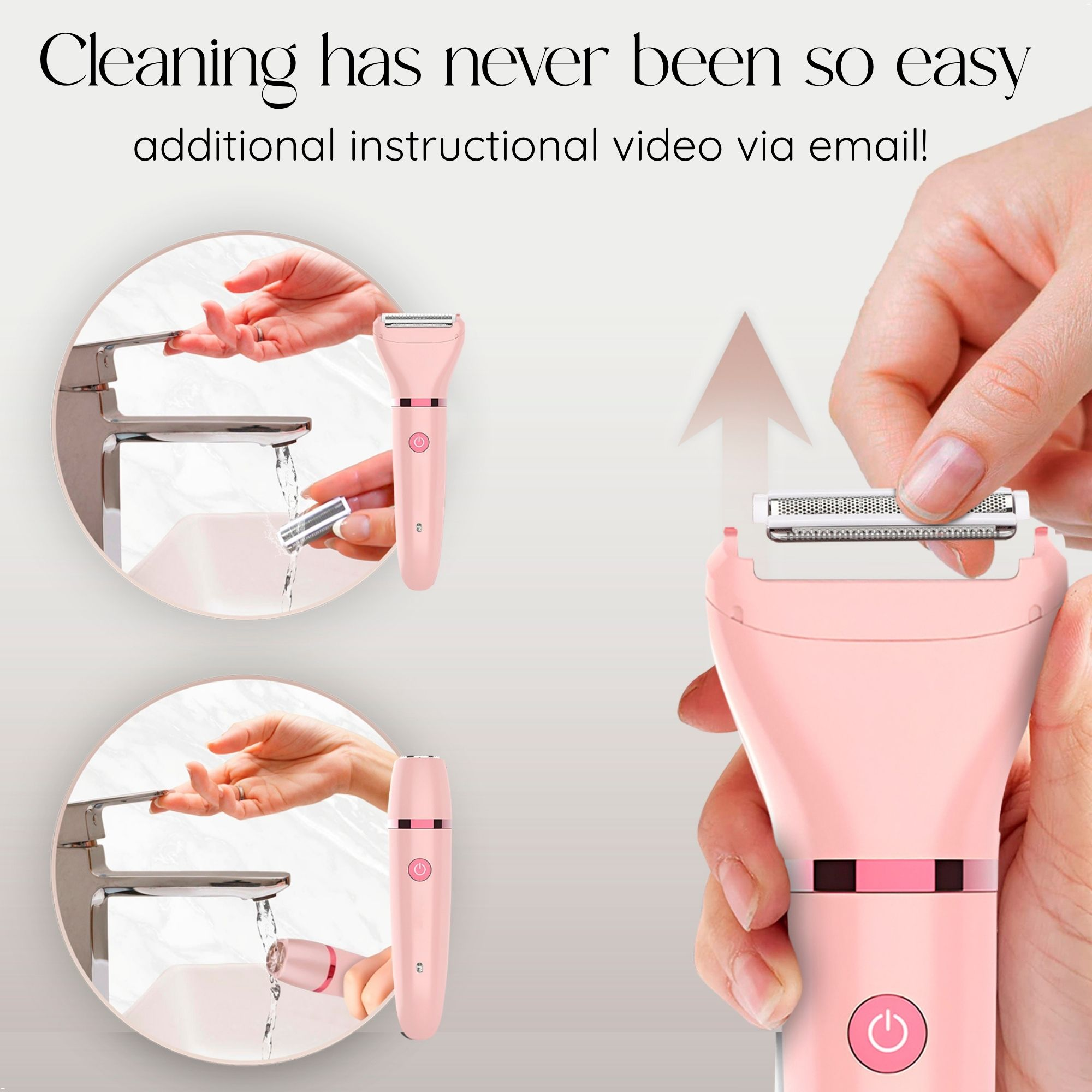 Das Bild zeigt die Reinigung eines rosa Ladyshave, wobei ein Pfeil auf den Kopfaufsatz zeigt.