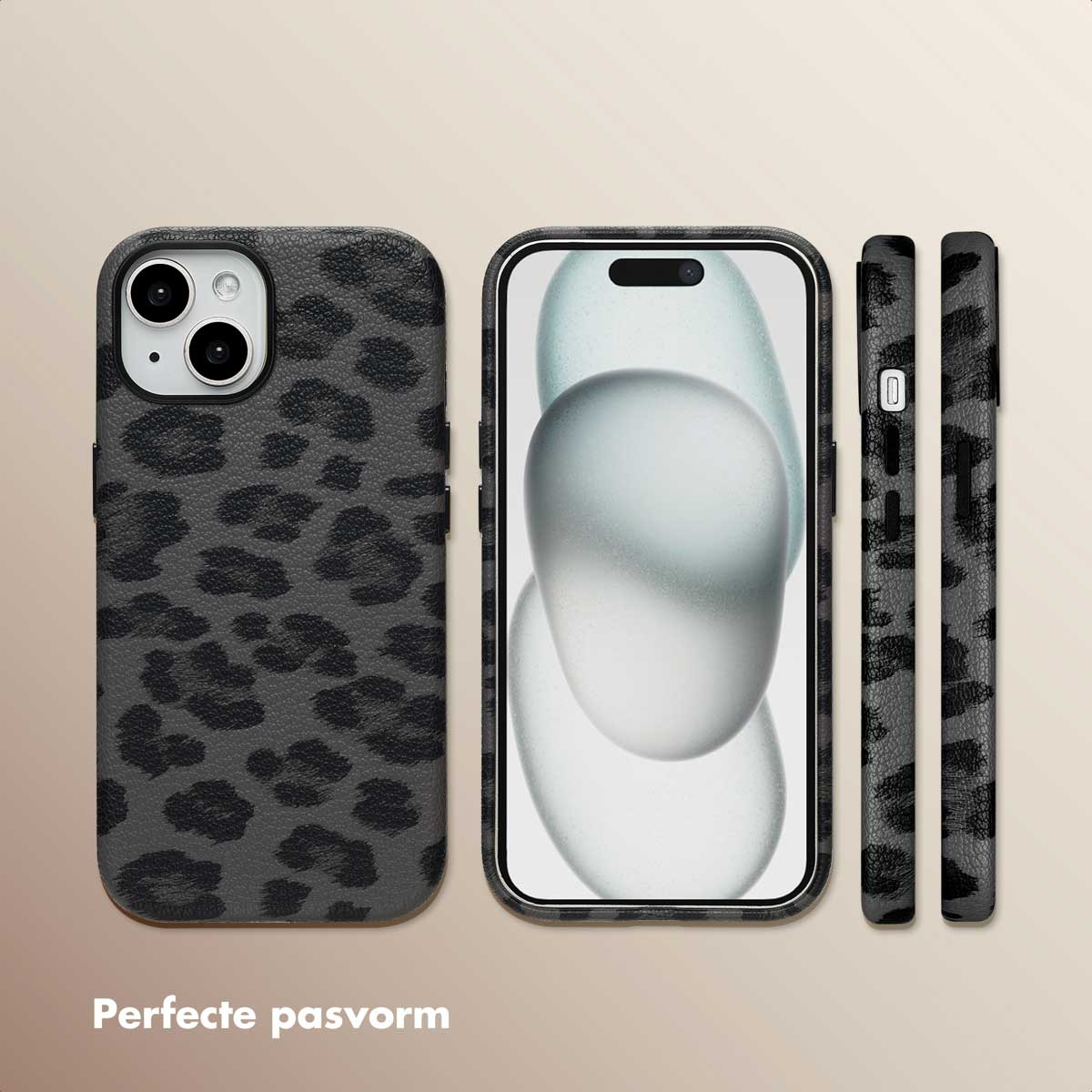 Phone case with leopard print design, showing different views, including the sides.