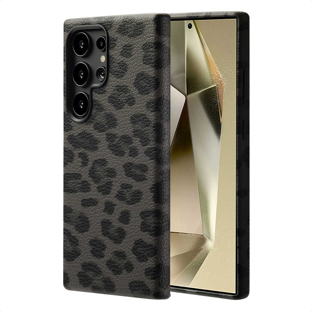 Zwarte telefoonhoes met luipaardprint, camera zichtbaar, met een gouden scherm.