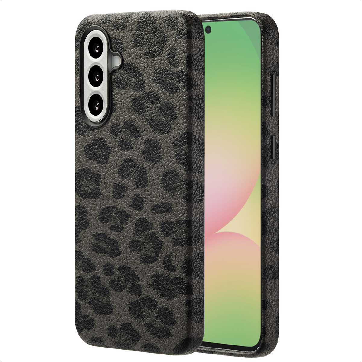 Un étui de téléphone noir avec un motif léopard, montrant la caméra et les boutons latéraux.
