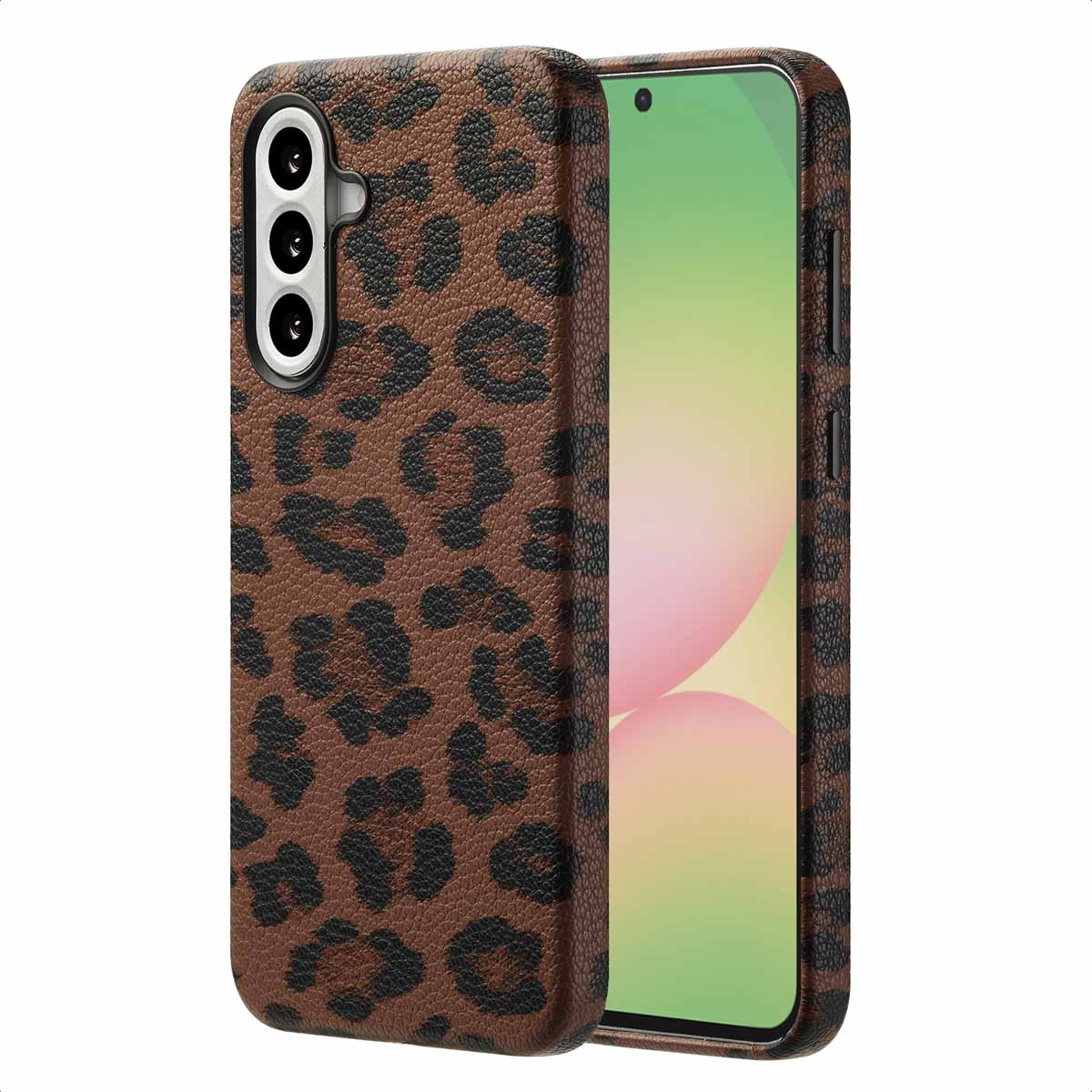 Bruine telefoonhoes met luipaardpatroon, camera zichtbaar, met een roze scherm.