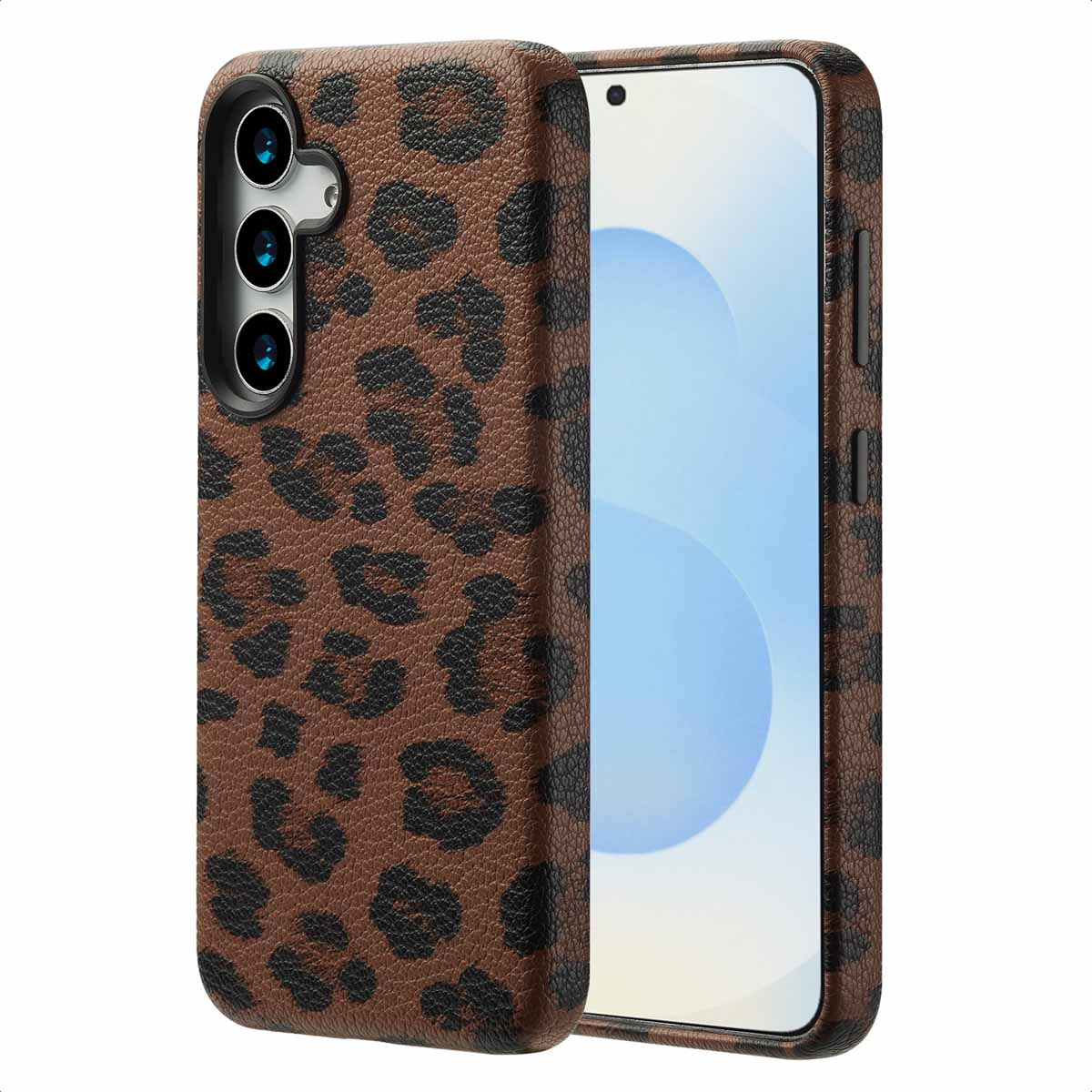 Coque de téléphone marron avec des taches de léopard noires, montrant la caméra et l'écran.