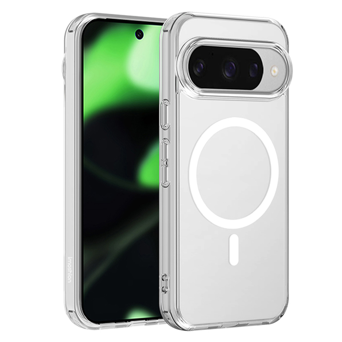 Transparante hoes met groene telefoon. De telefoon heeft groen scherm en ring.