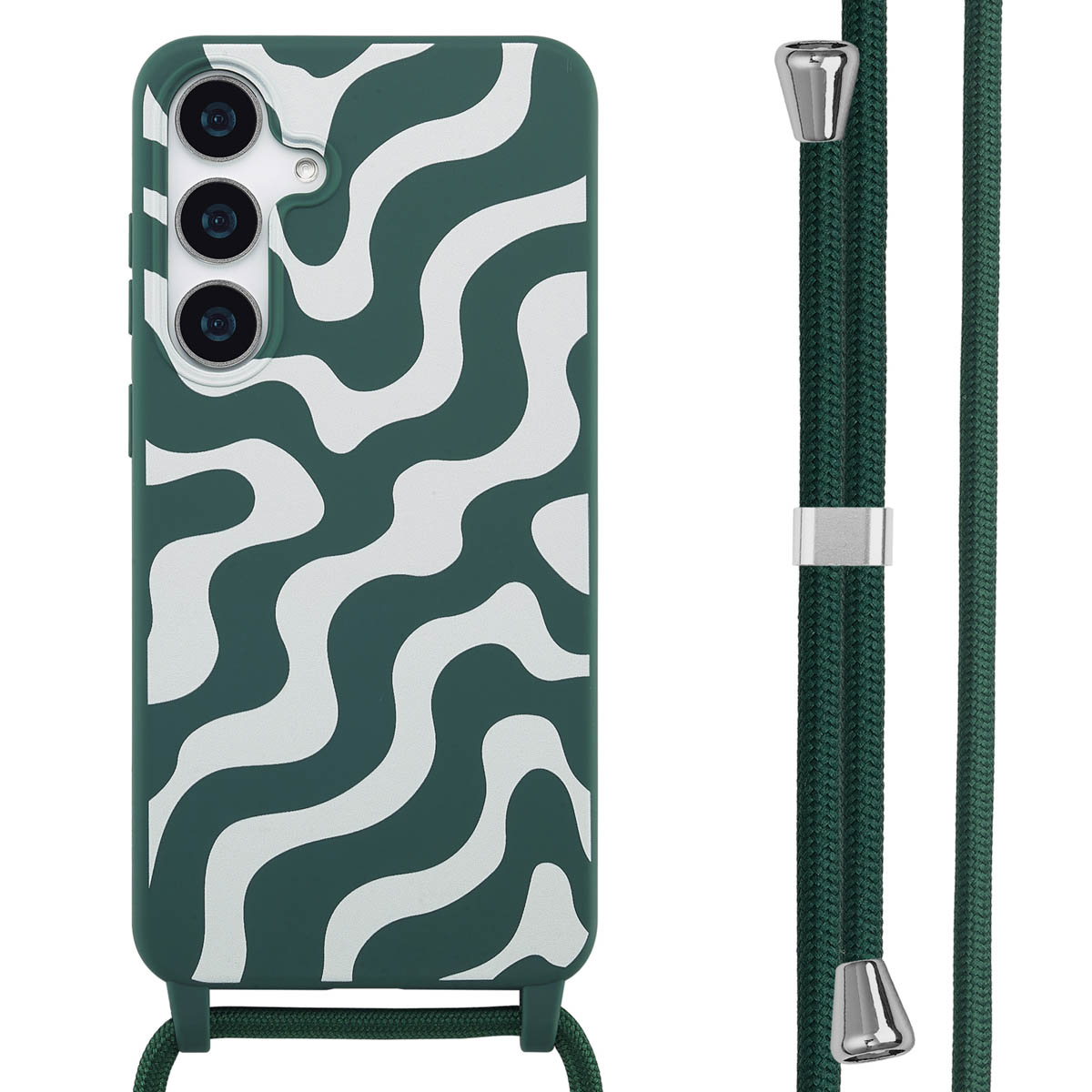 Groene telefoonhoes met witte golvende lijnen en een bijpassende groene band.