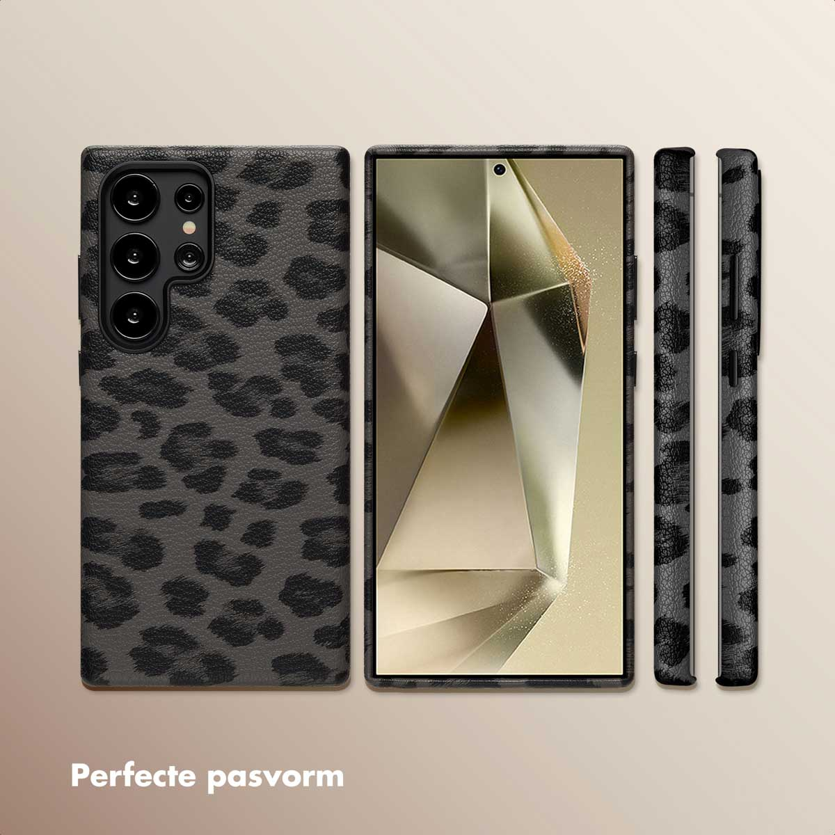 Een telefoonhoes met luipaardprint en een telefoon met scherm.