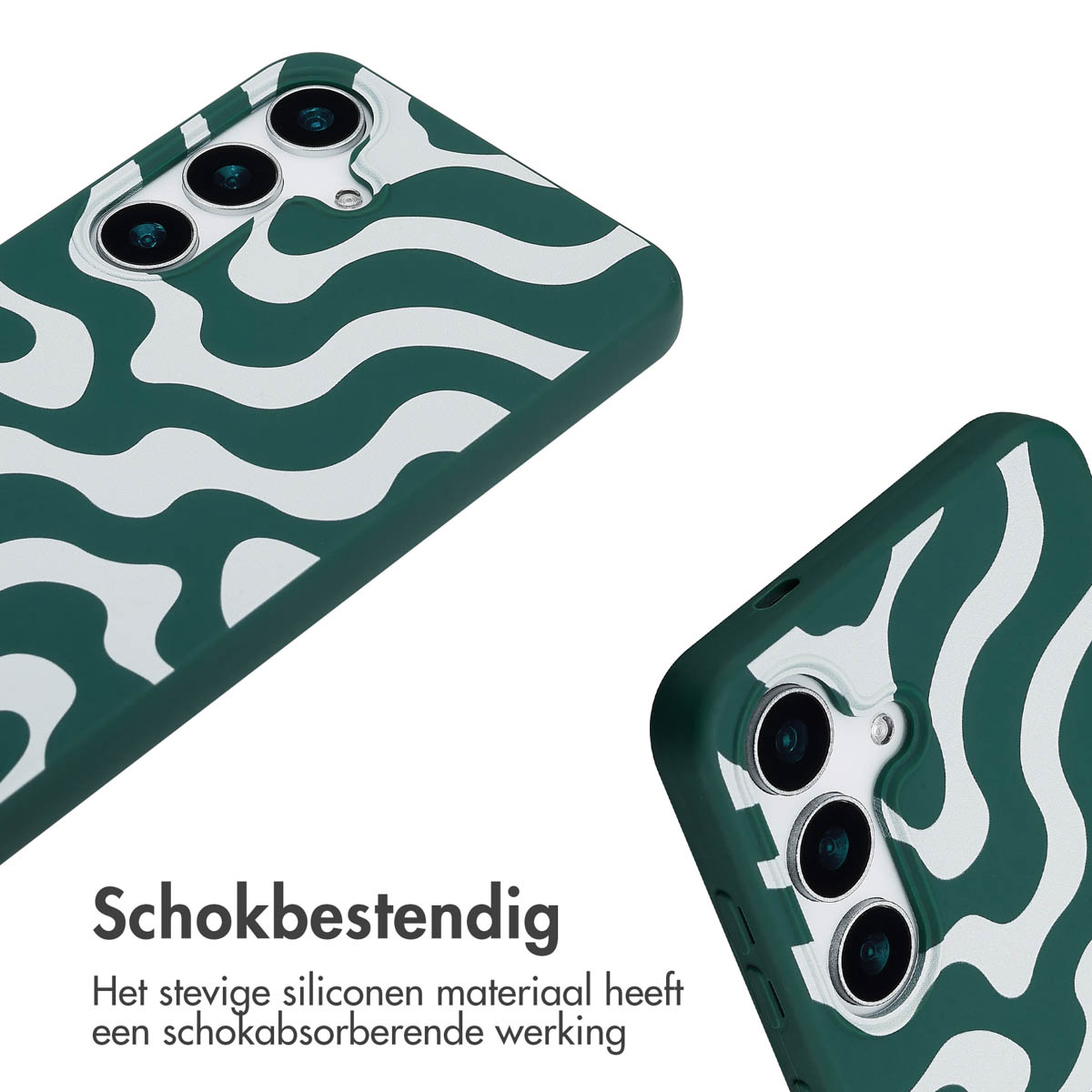 Close-up van twee telefoonhoesjes met een groen en wit golfpatroon. Eén rechts en één gedeeltelijk zichtbaar links.