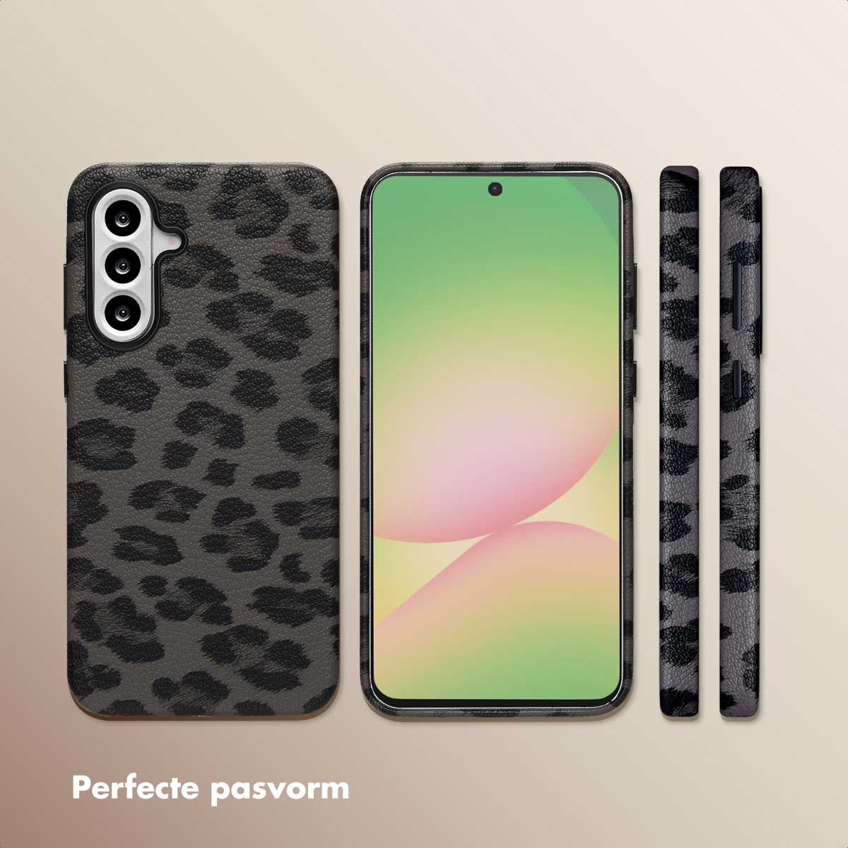 Trois vues d'un téléphone et d'une coque à imprimé léopard. La coque a une surface texturée et une découpe pour les caméras.