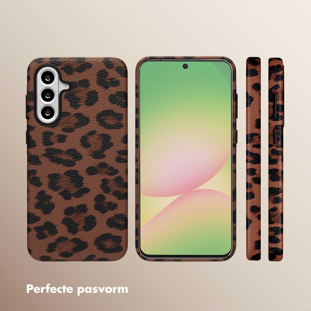 Bruine telefoonhoes met luipaardprint. Telefoon in het midden. Drie weergaven getoond.