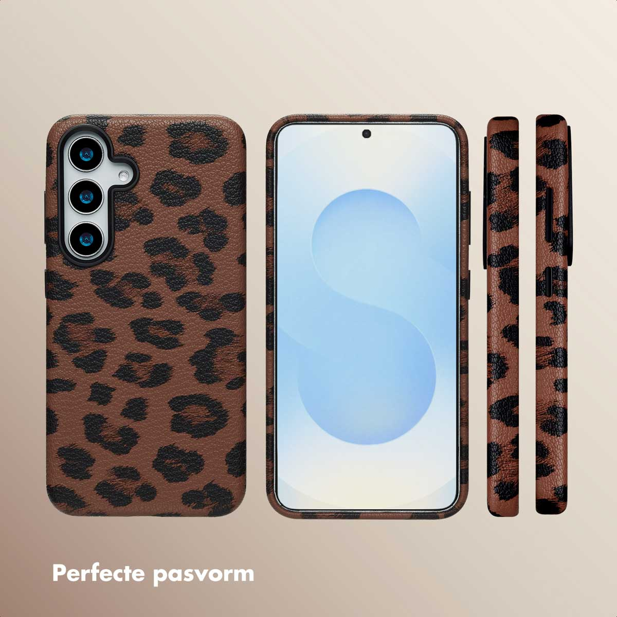 Coque avec motif léopard et un téléphone sur le côté droit.
