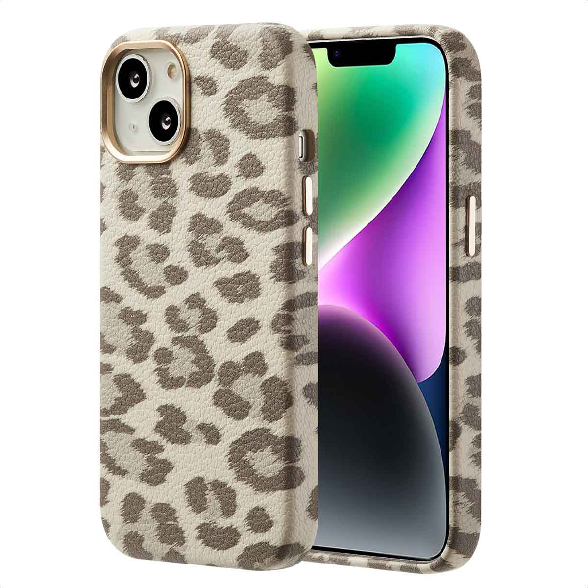 Telefoonhoesje met een beige luipaardprint, gouden cameraring en een witte achtergrond.