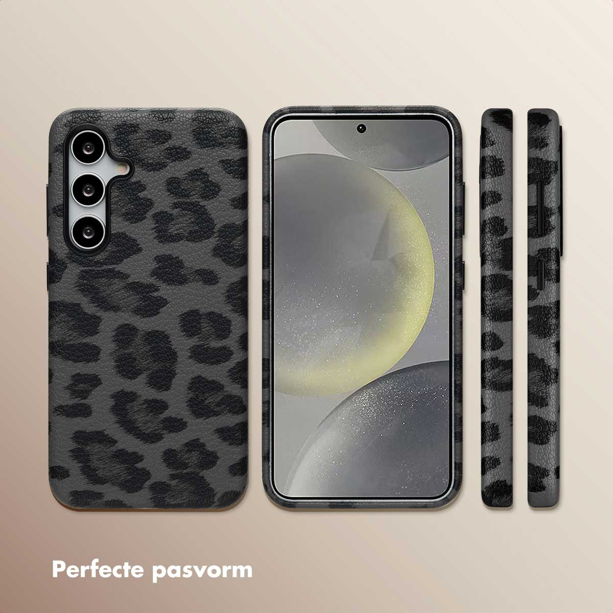 Grijze telefoonhoes met luipaardprint. Drie weergaven van de telefoon worden getoond.