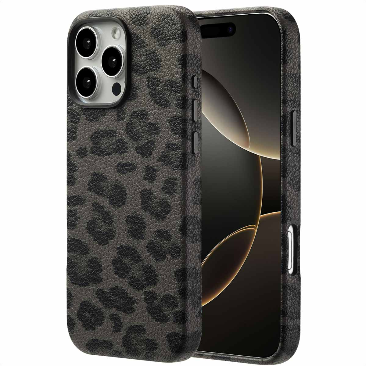 Zwarte telefoonhoes met luipaardprint met een telefoon erin. De camera is zichtbaar.
