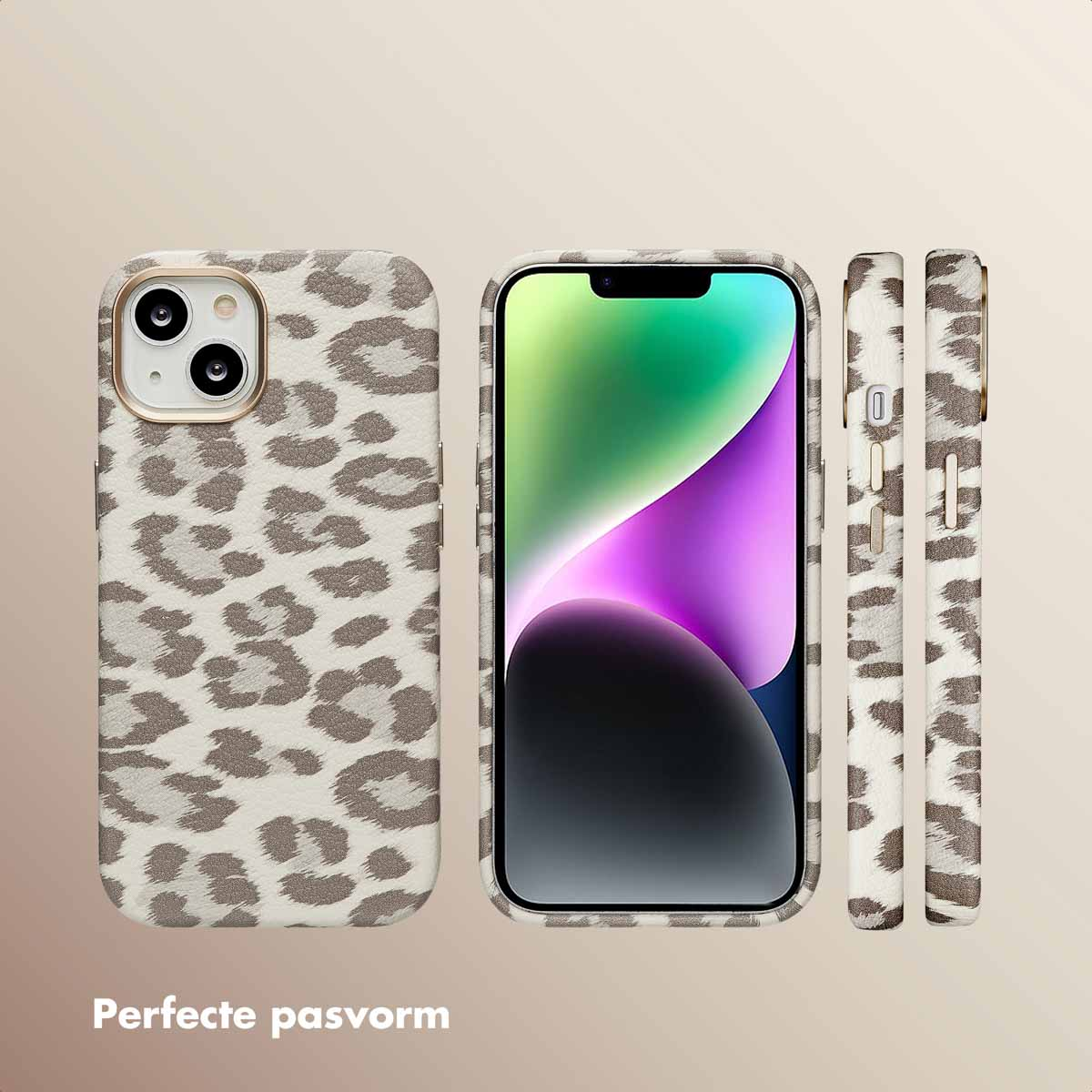 Telefoonhoesje met beige luipaardprint, drie weergaven getoond, met een witte achtergrond.