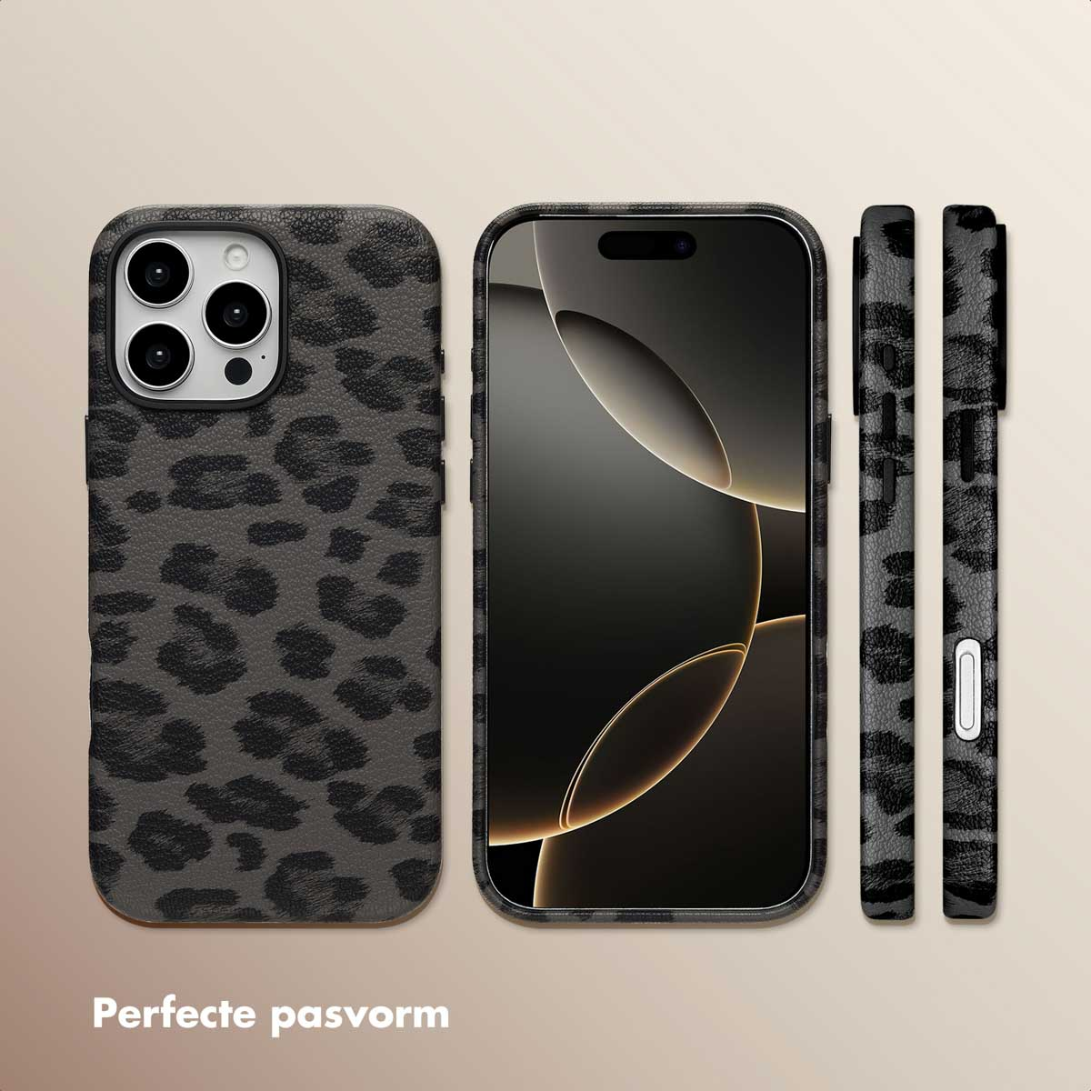 Drie weergaven van een telefoon en hoesje. De hoes heeft een zwarte luipaardprint. Het scherm van de telefoon staat aan.