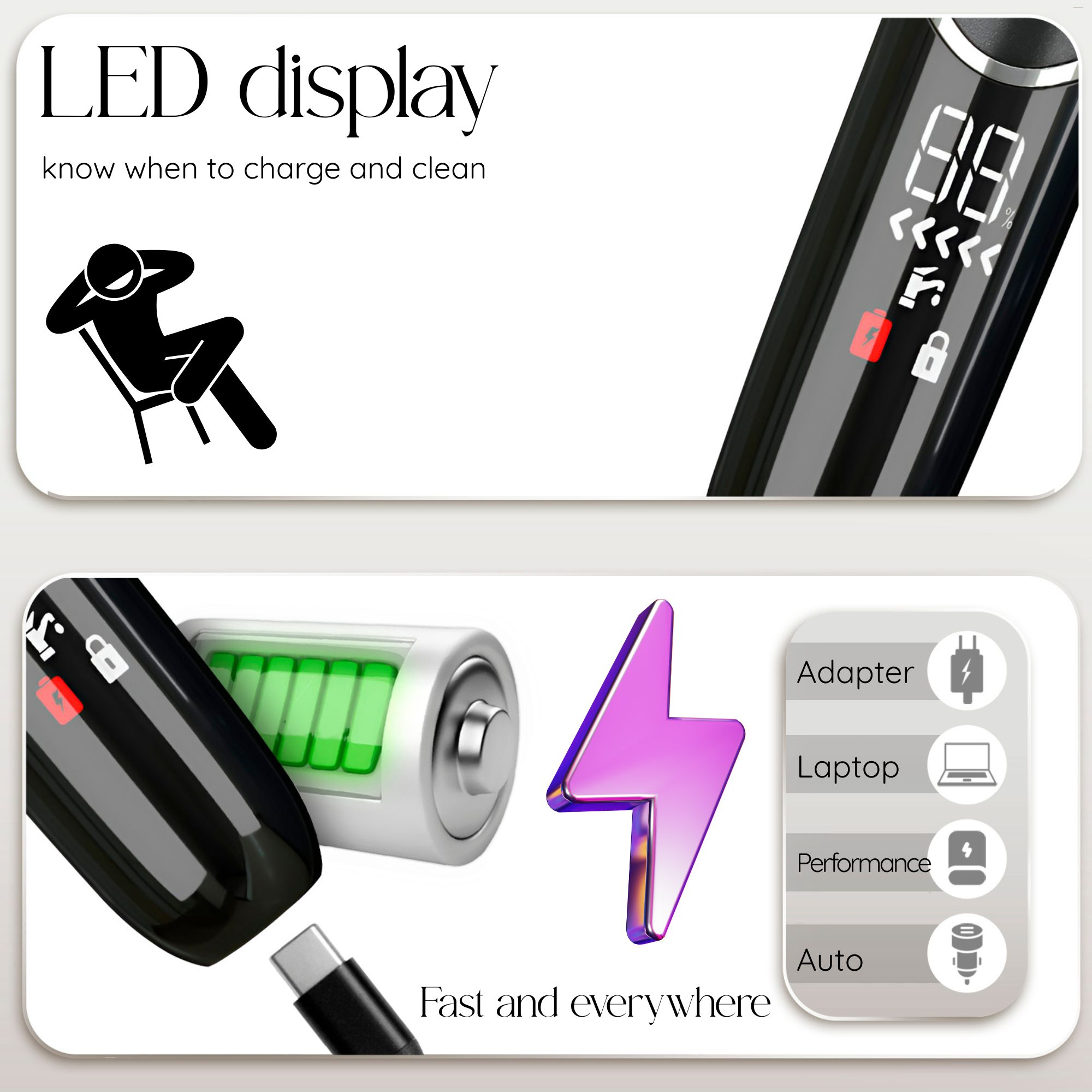 Schwarzer Rasierer mit LED-Anzeige. Batterie- und Ladesymbole. Blitzsymbol. Text: Schnell und überall.