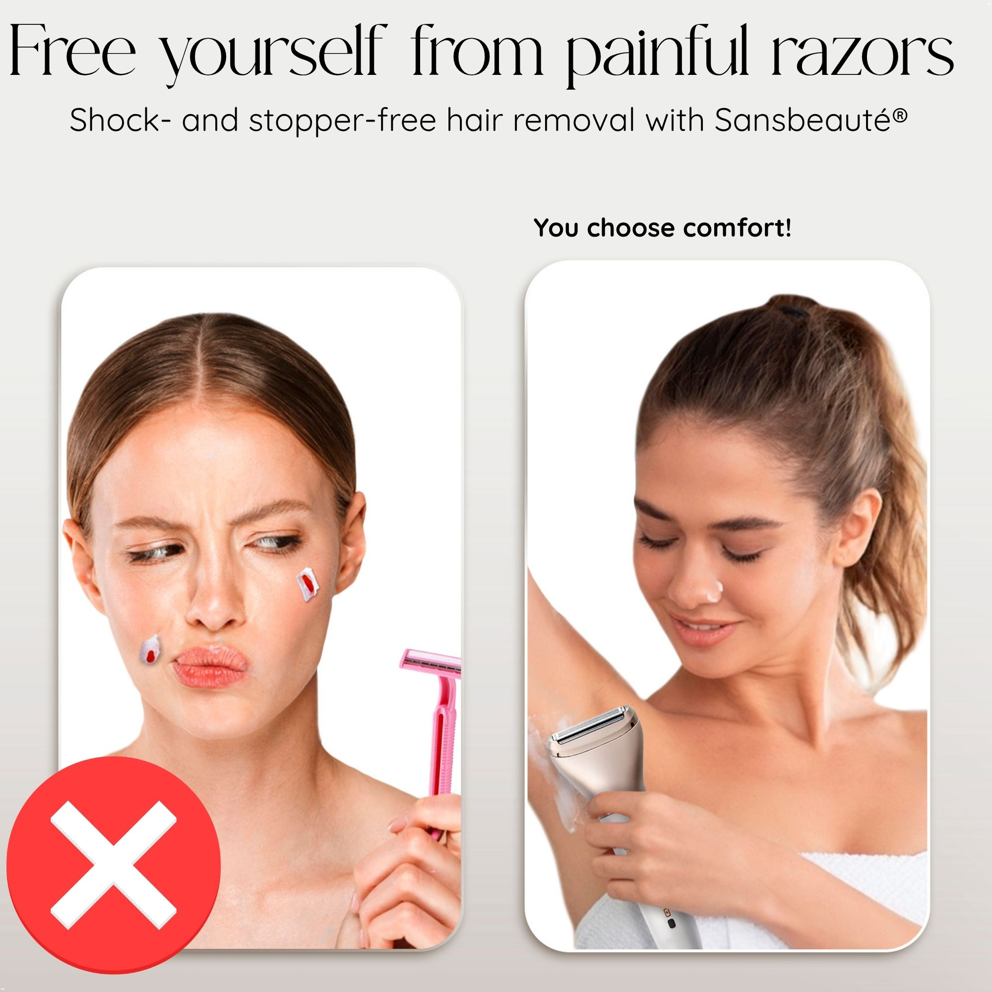 Frau mit irritiertem Gesicht und roten Flecken. Frau rasiert Achselhöhle. Text: Sie wählen Komfort!