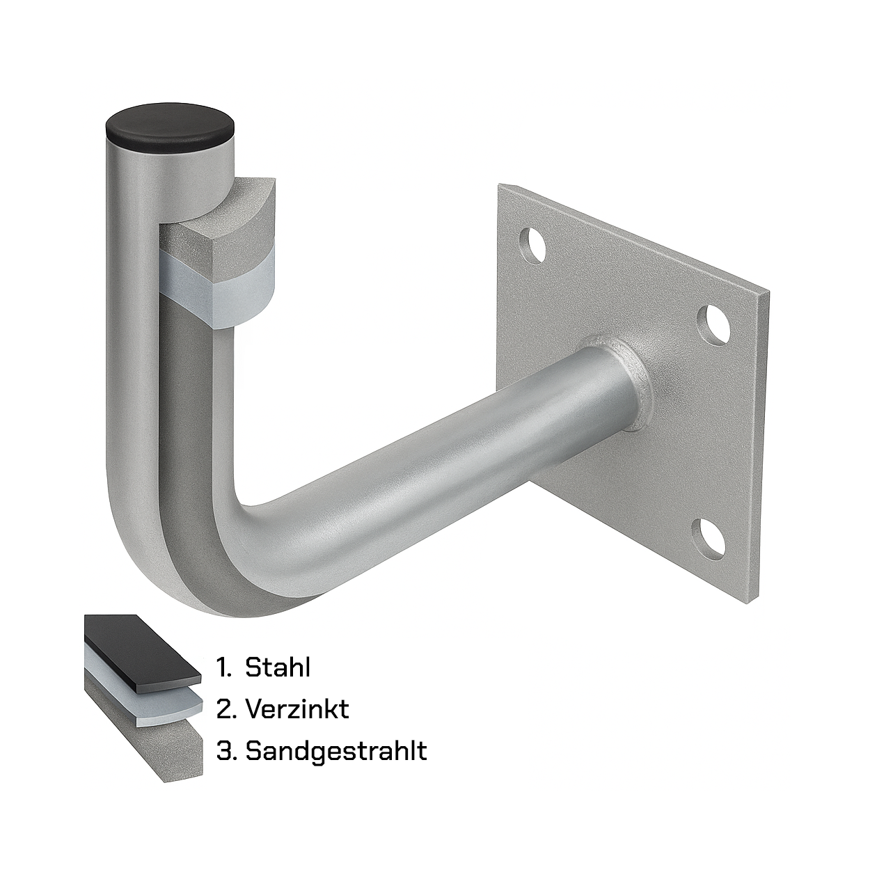 Eine Schnittzeichnung einer Metallhalterung mit den Schichten und der Konstruktion.