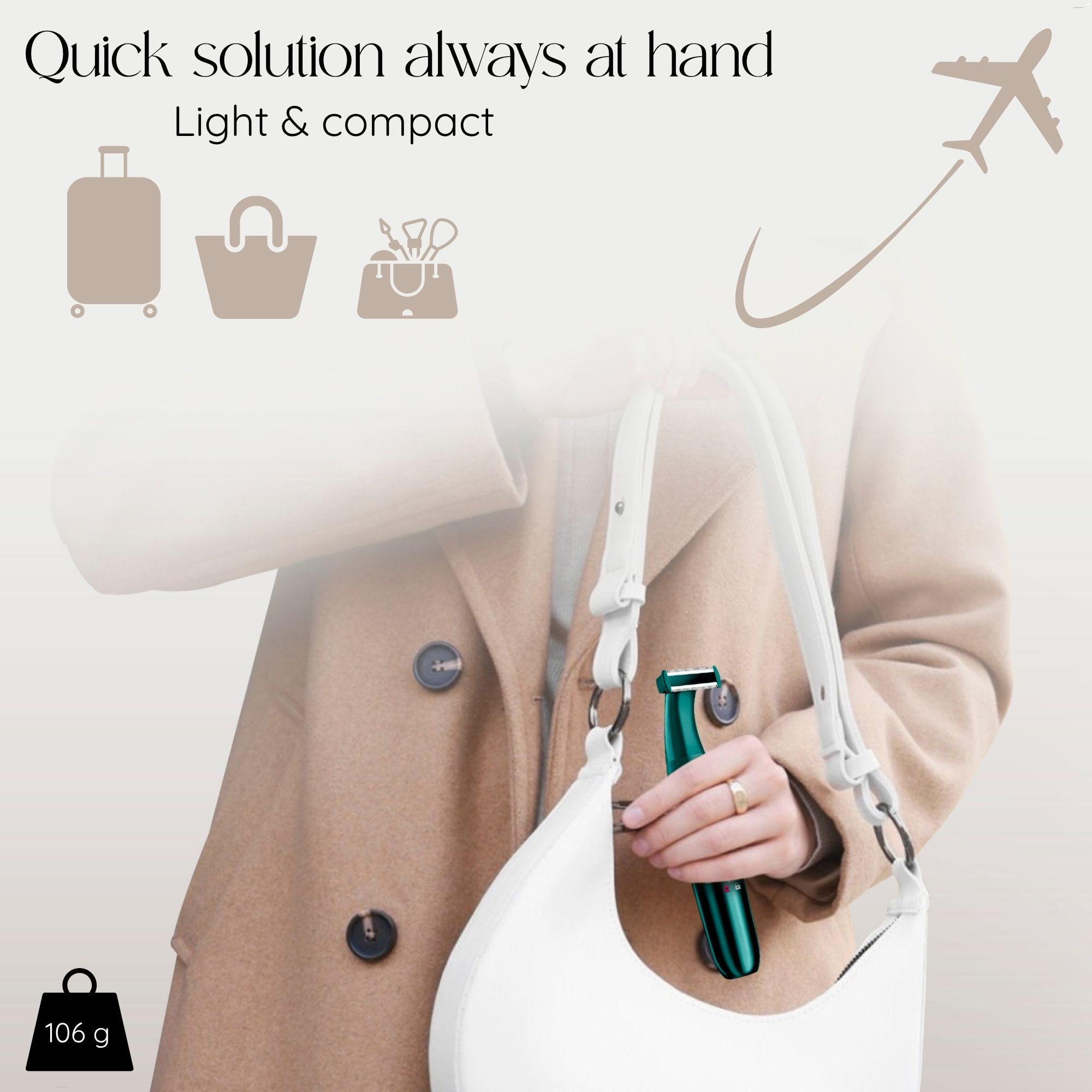 Eine Frau mit einer Handtasche, die einen teal Rasierer hält. Hinter ihr sind Illustrationen von Reiseartikeln. Text: Schnelle Lösung zur Hand.