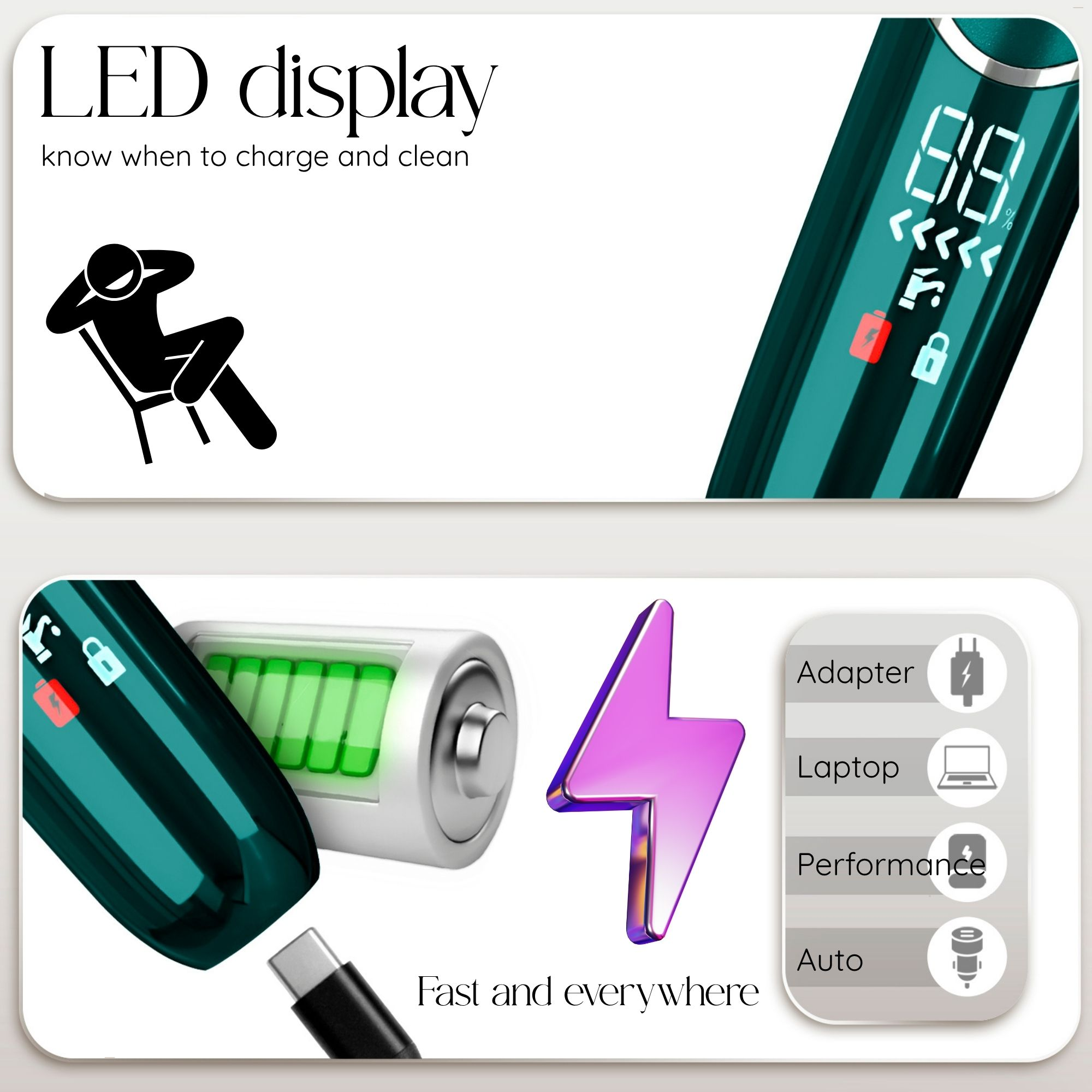 Das Bild zeigt die Funktionen eines grünen Rasierers und hebt das LED-Display, den Akku, den Adapter, die Laptop-Kompatibilität und die automatischen Einstellungen hervor.