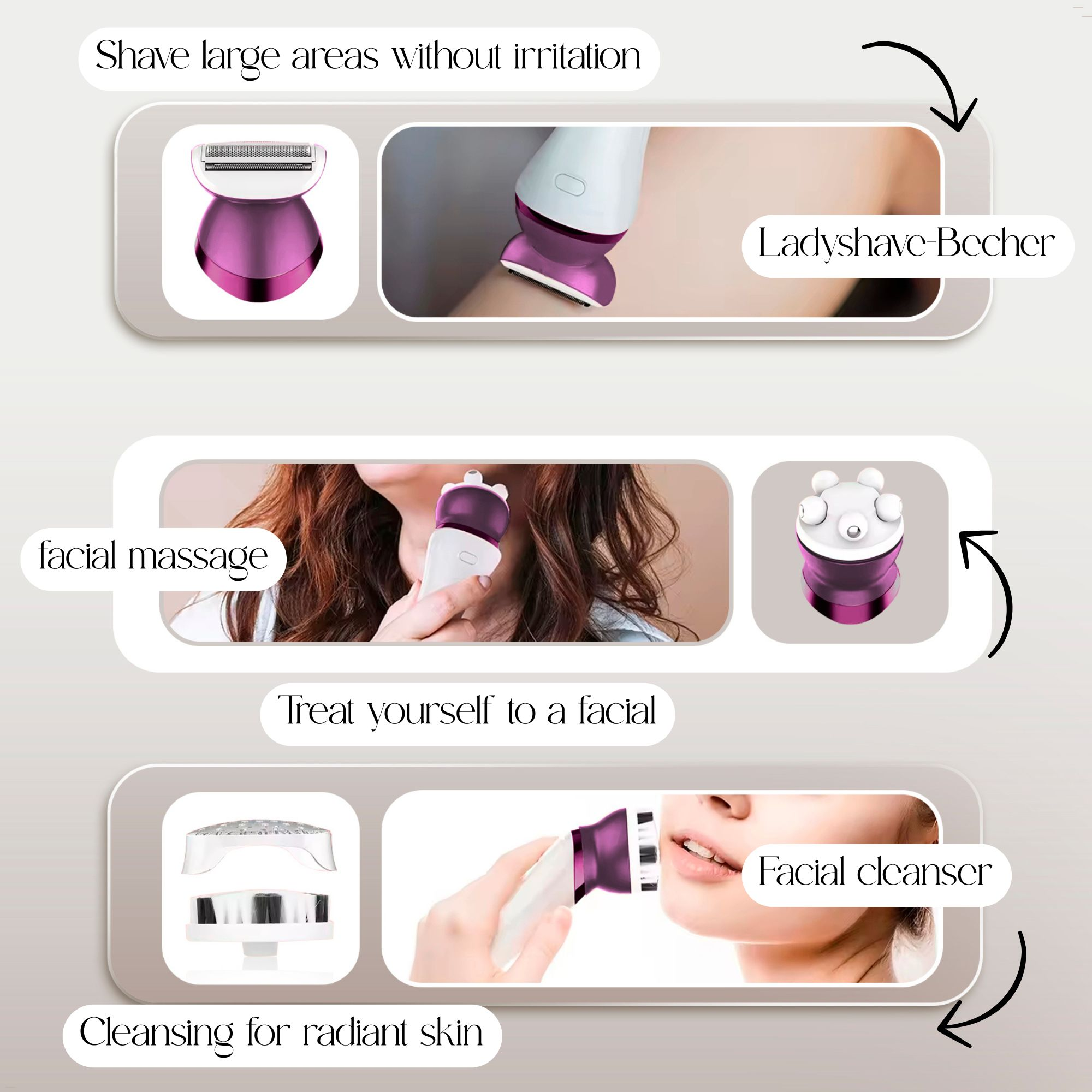 Bilder eines rosa-weißen Rasierers und seiner Verwendung zum Rasieren. Text: Große Flächen ohne Irritationen rasieren. Gesichtsmassage.