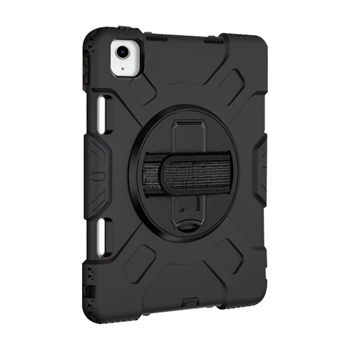 Una custodia nera e robusta per iPad con cinturino e retro strutturato. La custodia è su sfondo bianco.