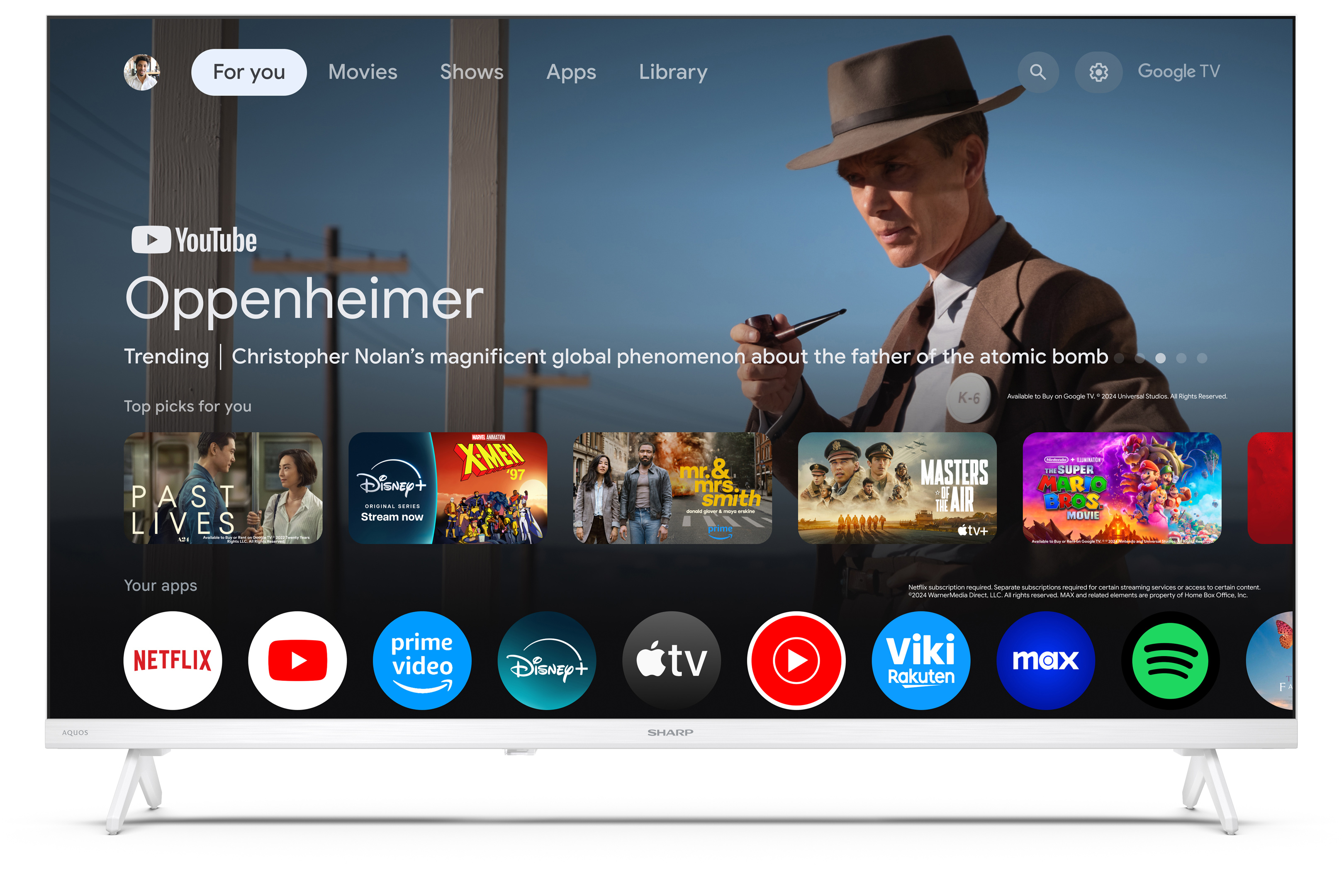 Ein Fernsehbildschirm zeigt die YouTube-App und ein Filmplakat. Der Fernseher ist weiß.