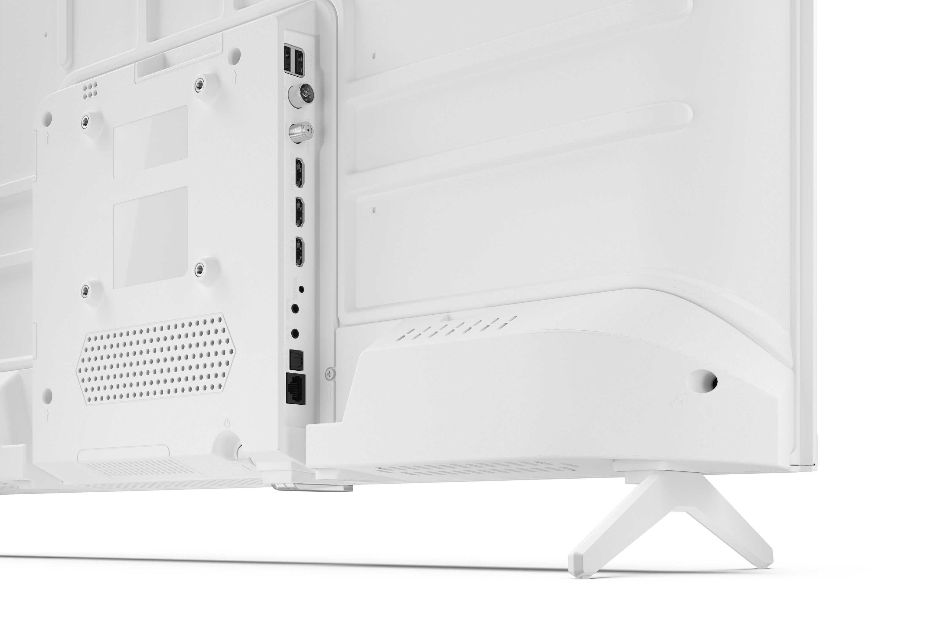 Rückansicht eines weißen Fernsehers mit Anschlüssen und Ständer. Anschlüsse umfassen HDMI, Antenne und Stromanschluss.
