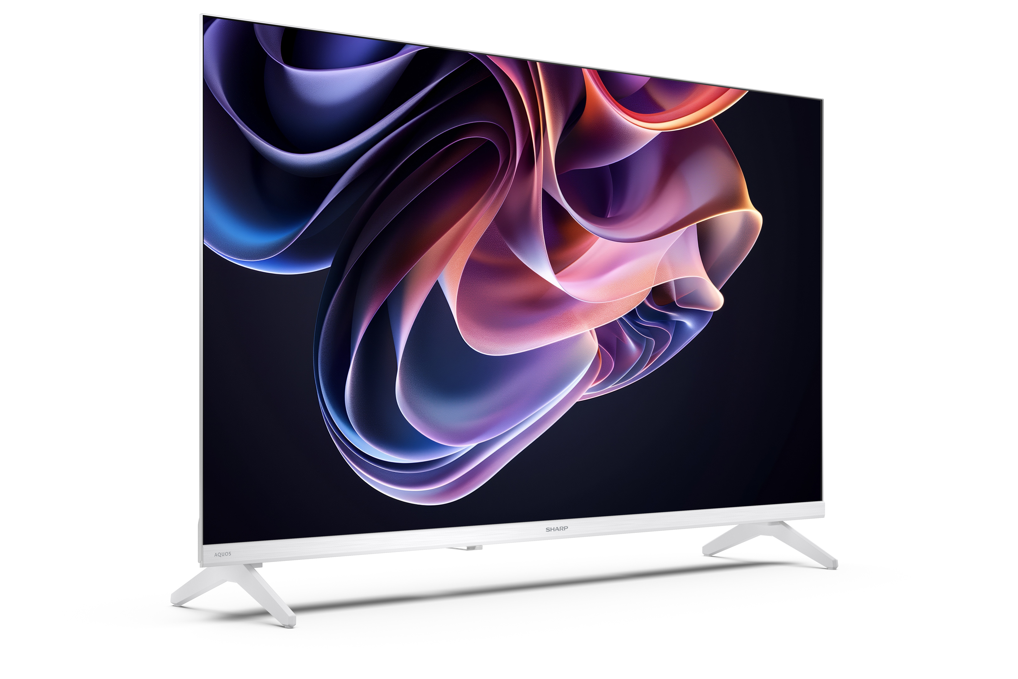 Weißer Fernseher auf weißem Ständer, Bildschirm zeigt abstrakte Kunst. Sharp-Logo sichtbar. Saubere weiße Umgebung.