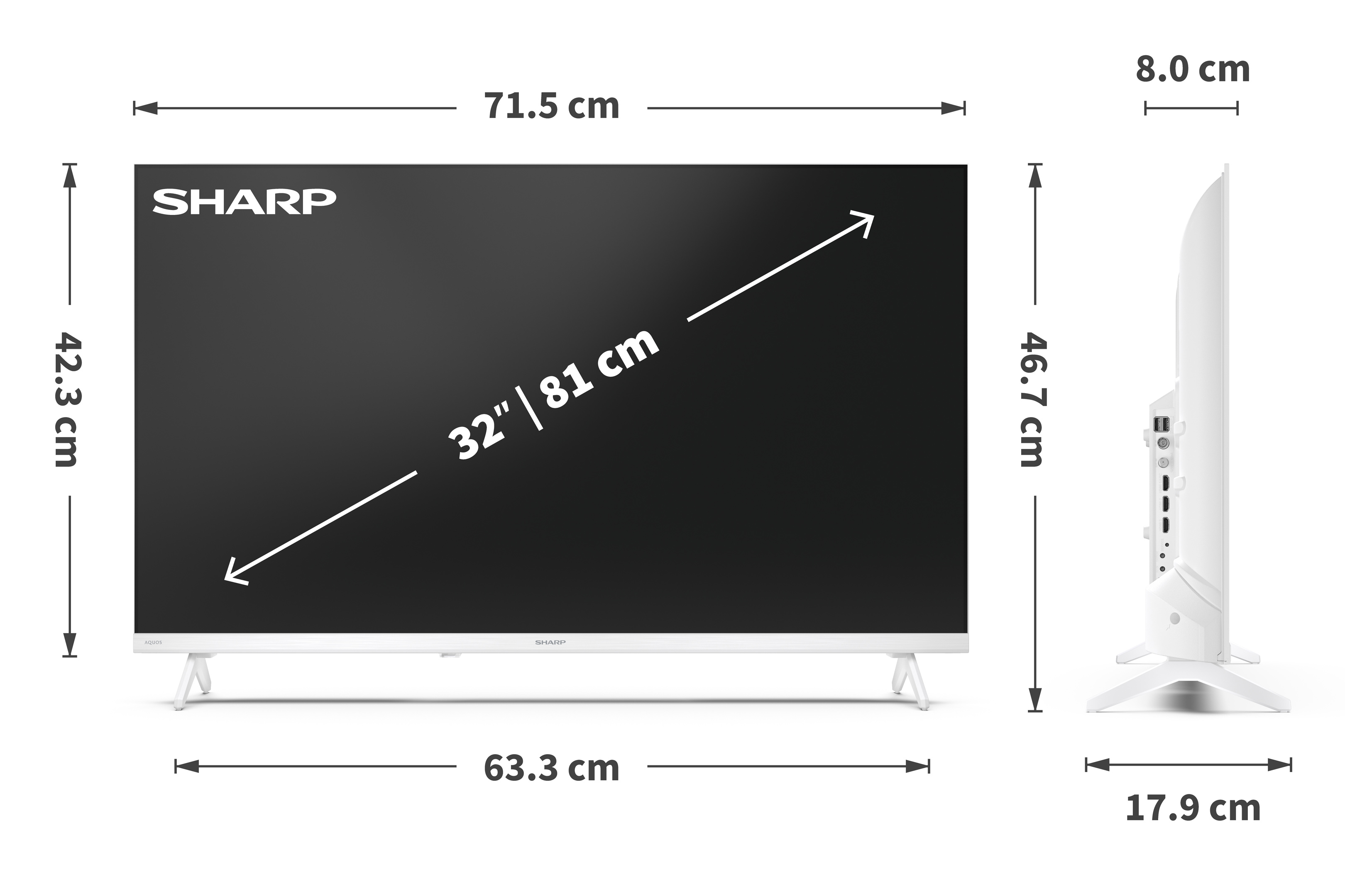 A diagram shows the dimensions of a 32-inch white Sharp TV, displaying its height, width, and depth measurements.