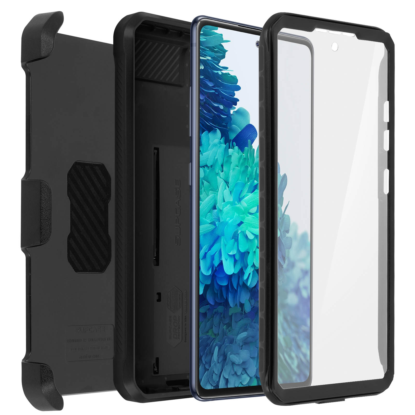 Una custodia per telefono con protezione schermo e clip da cintura. Il telefono è all'interno.