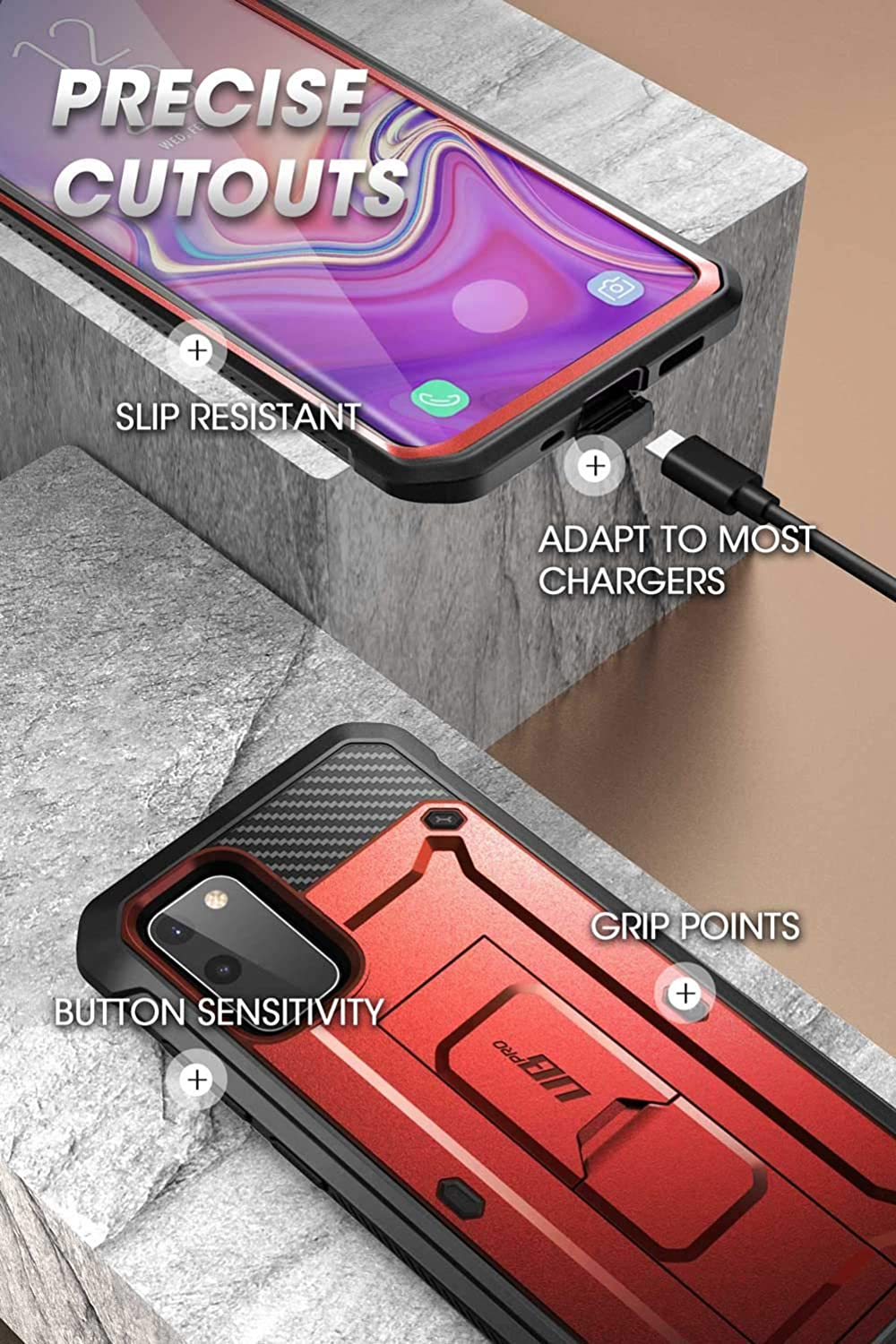 Telefono in custodia rossa. Telefono in carica. Punti salienti: ritagli precisi, punti di presa e sensibilità dei pulsanti.