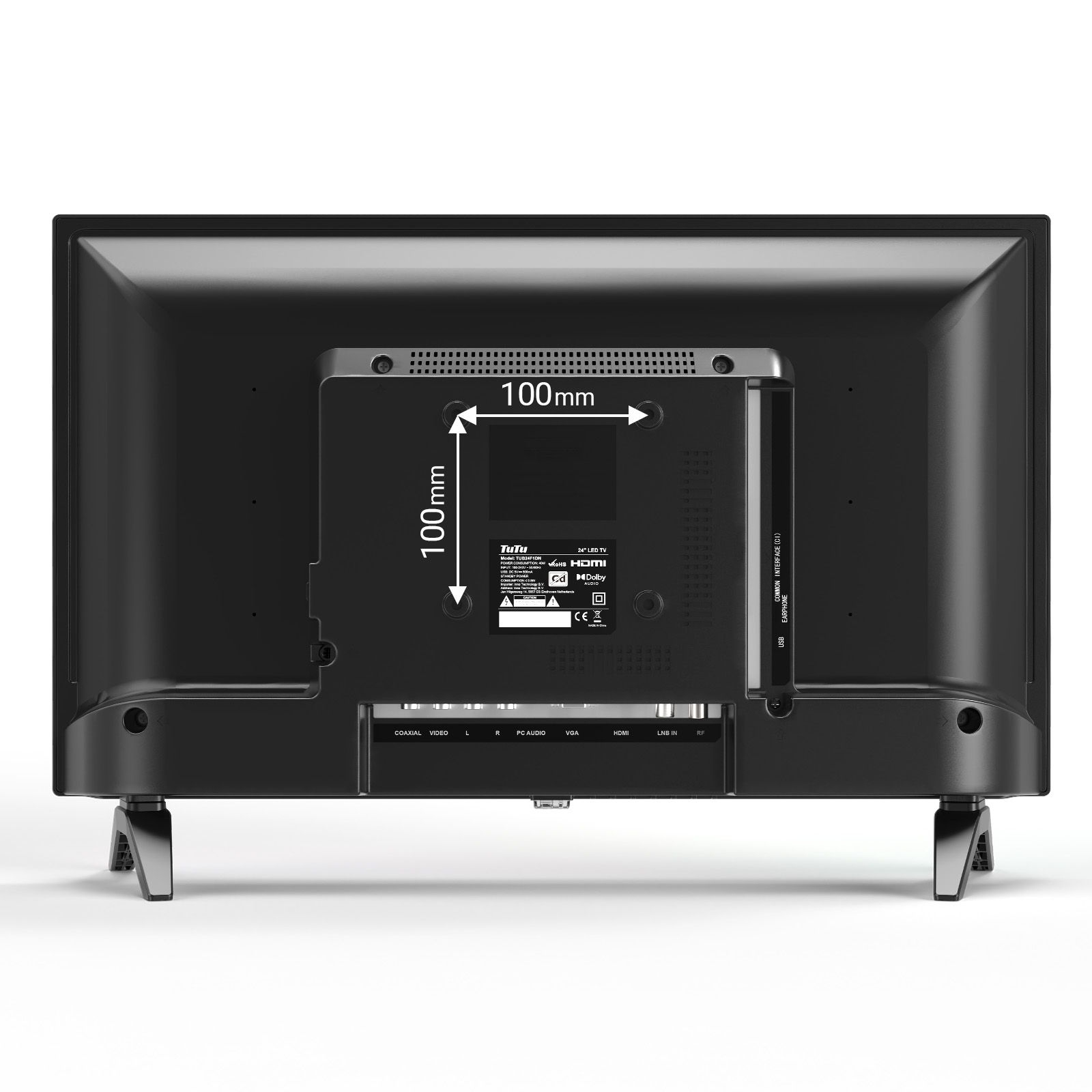 Die Rückseite eines schwarzen Fernsehers mit 100 mm Markierung zur Montage, mit verschiedenen Anschlüssen.