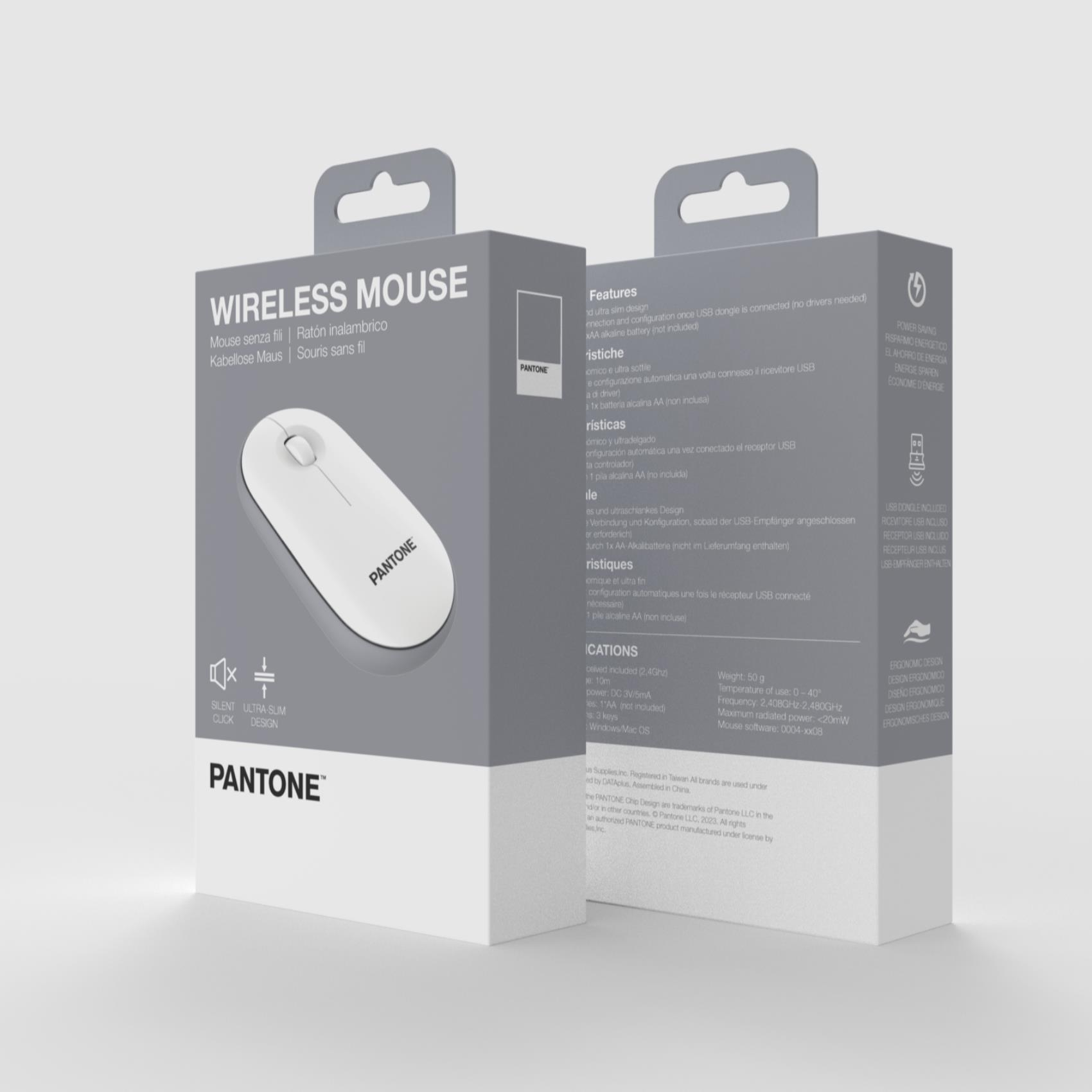 Scatola del mouse wireless con l'immagine del mouse, i dettagli del prodotto e il marchio 'PANTONE'.