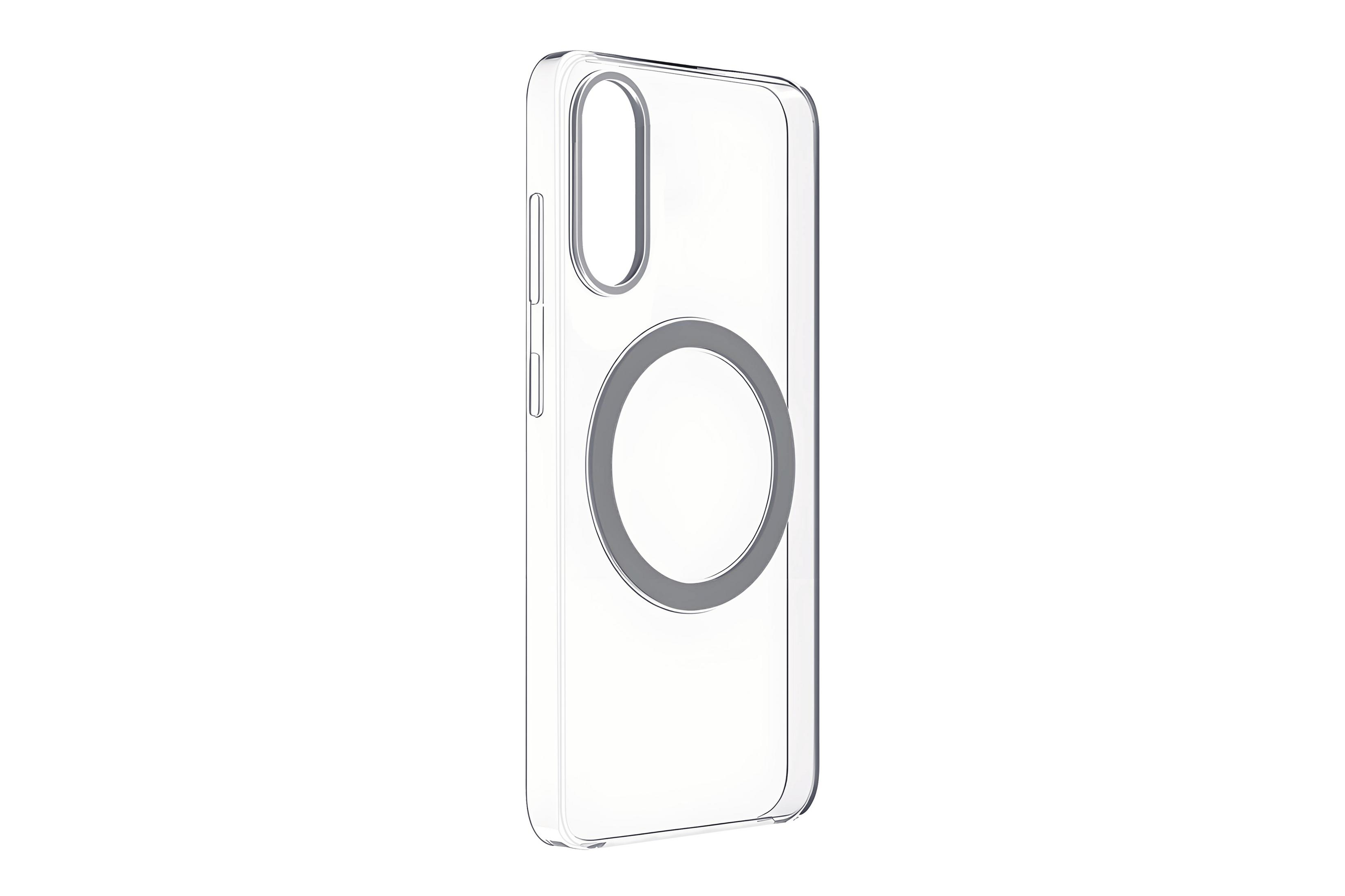 Funda transparente para teléfono con un agujero para la cámara y un círculo gris. Fondo blanco.