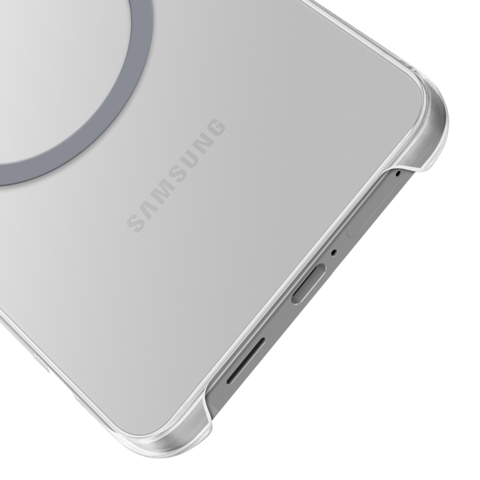 Primer plano de una funda transparente en un teléfono. La funda tiene un anillo gris y la palabra 'SAMSUNG'.