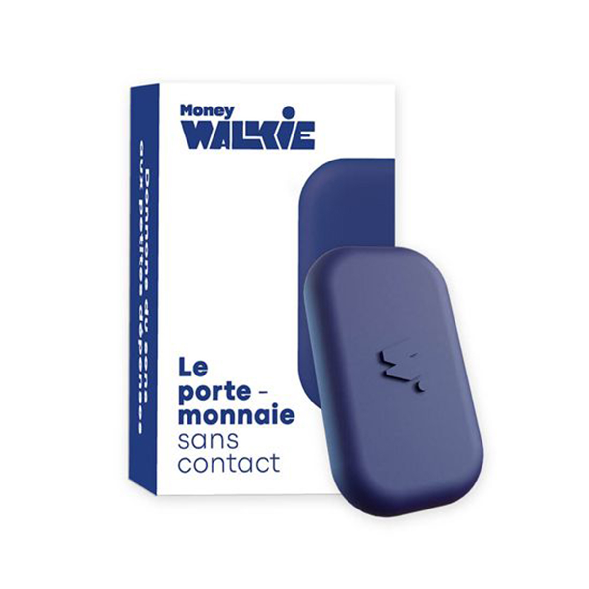 Schachtel mit blauem Portemonnaie und französischem Text. Die Wörter 'Money' und 'WALKIE' sind sichtbar.