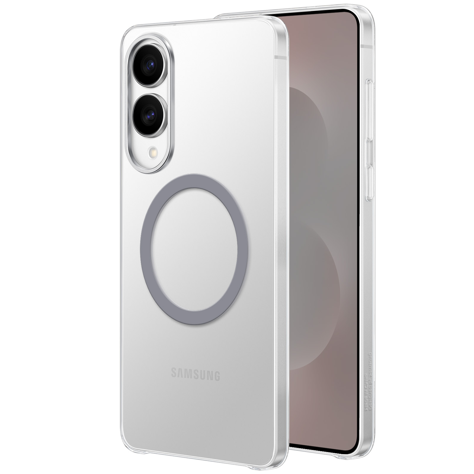 Teléfono con funda, dos cámaras. Anillo gris alrededor de la cámara. 'SAMSUNG' impreso abajo.