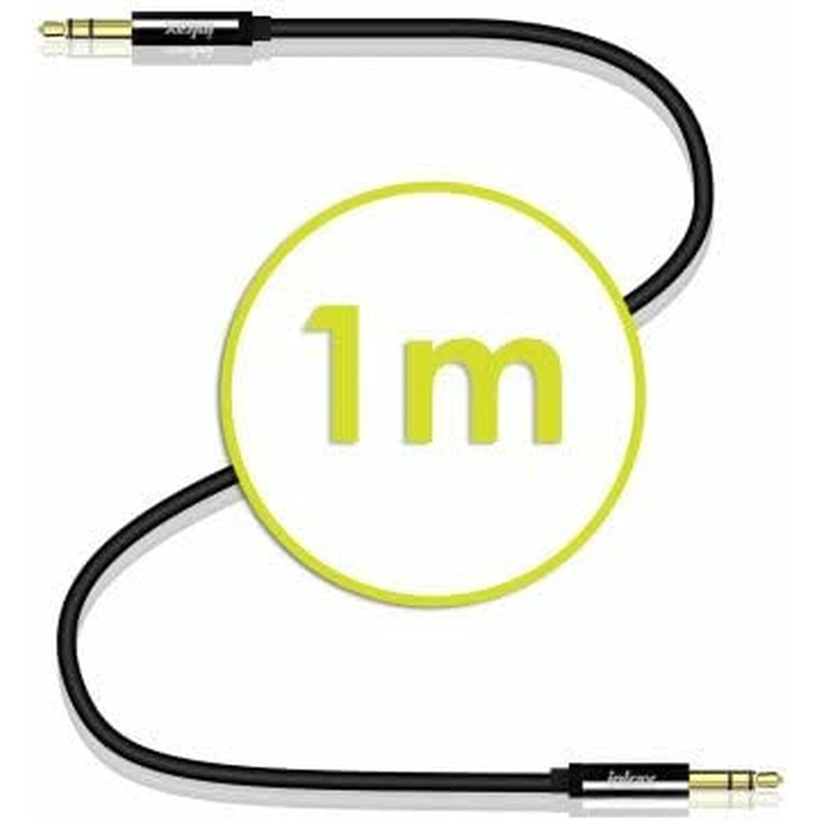 Câble audio noir avec connecteurs dorés, cercle de 1m.